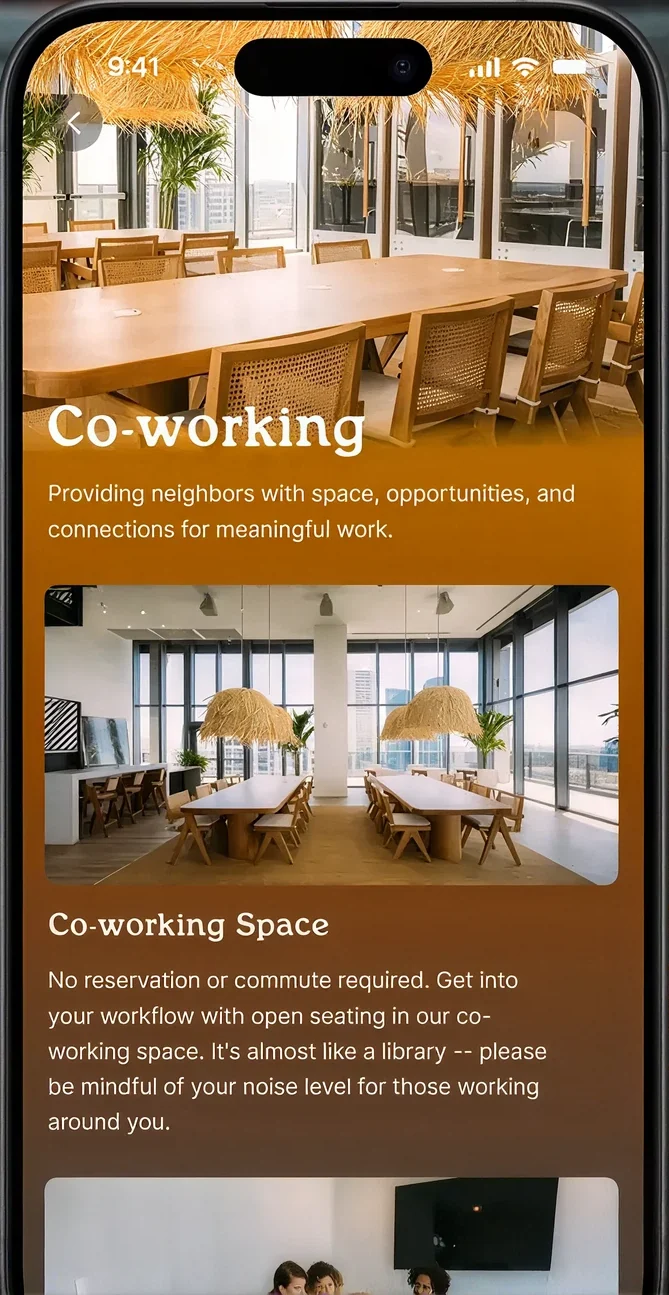 Flow Life Co-working screen: space, opportunities and connections for meaningful work, with a Co-working Space listing