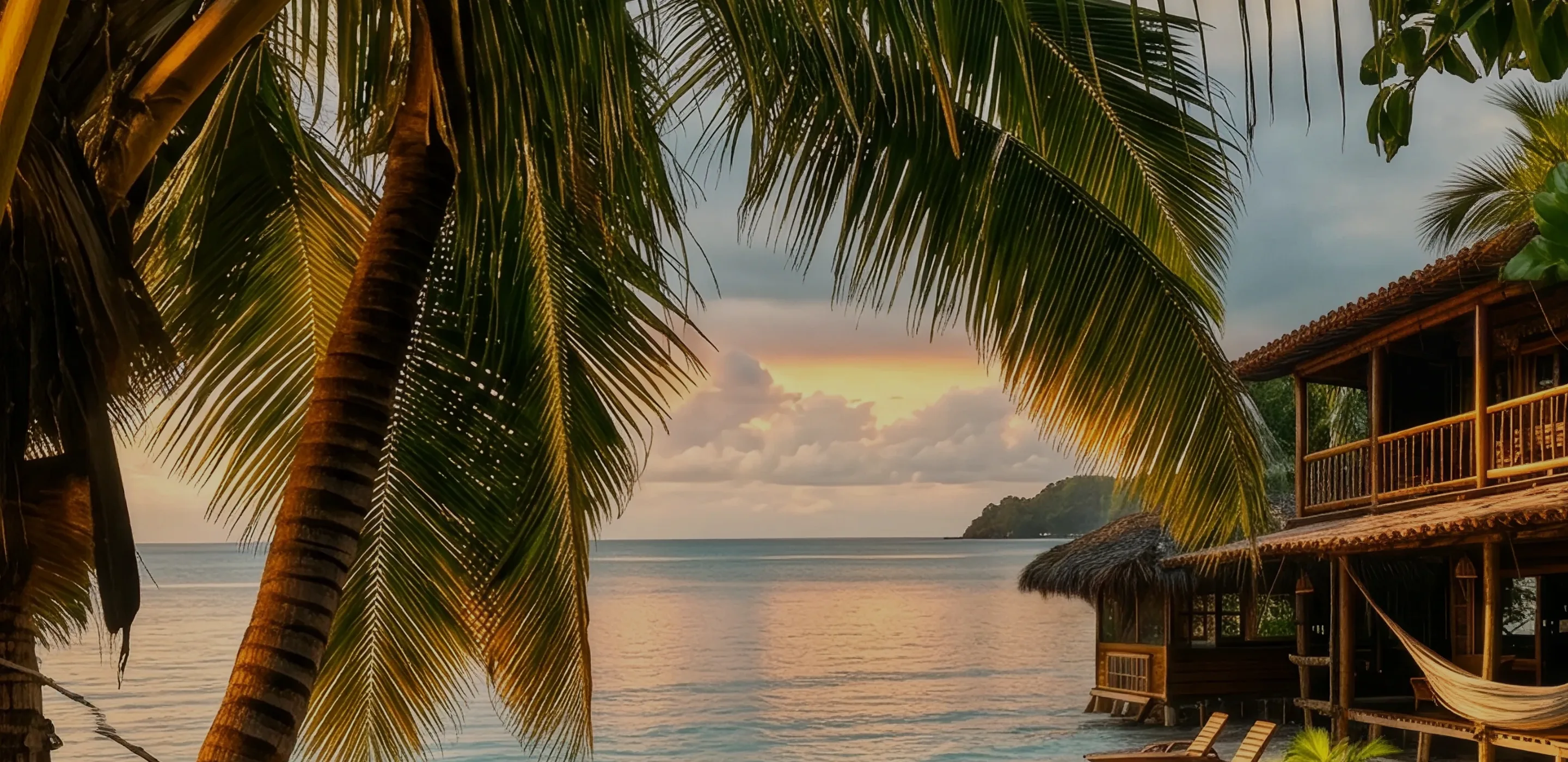 Palm fronds framing a beachfront wooden villa with a hammock at sunset