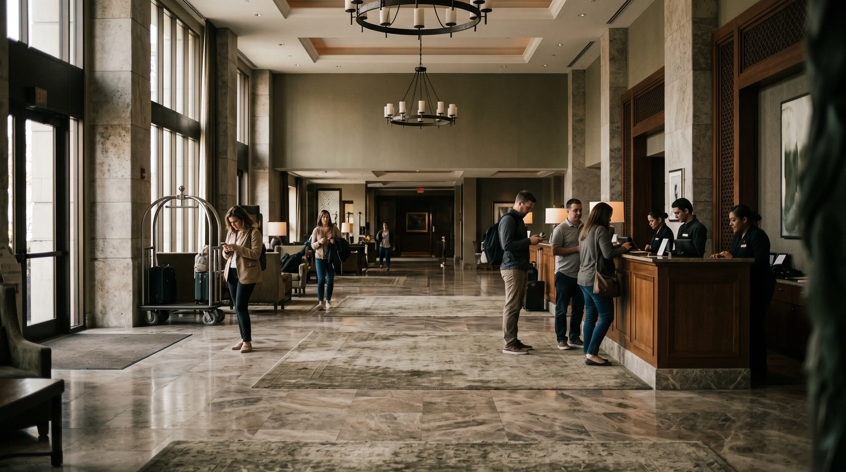 Resort guests walking through a Las Vegas hotel lobby holding smartphones for mobile check-in