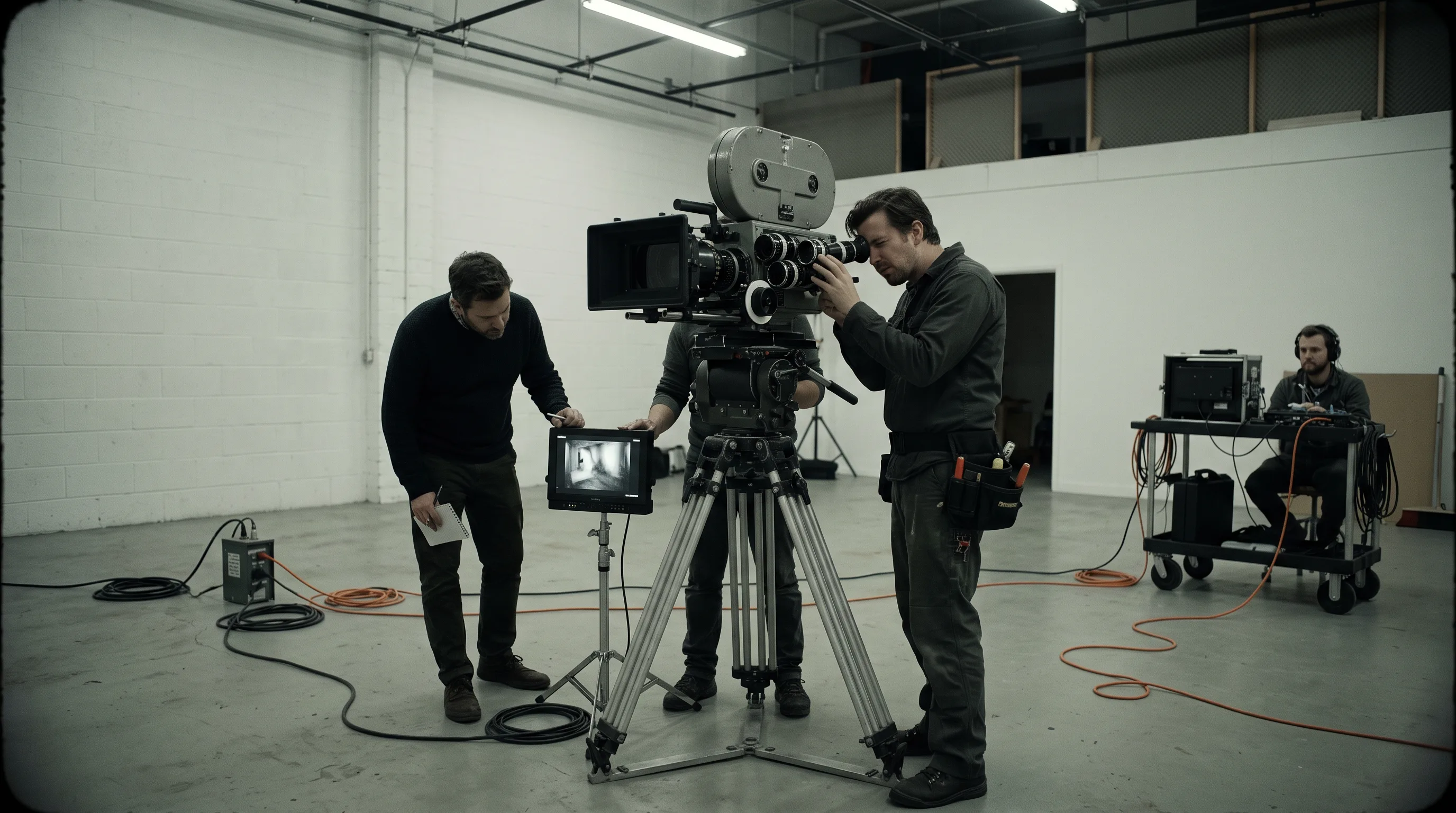 Film crew setting up a stereoscopic camera rig in a production studio for immersive video capture