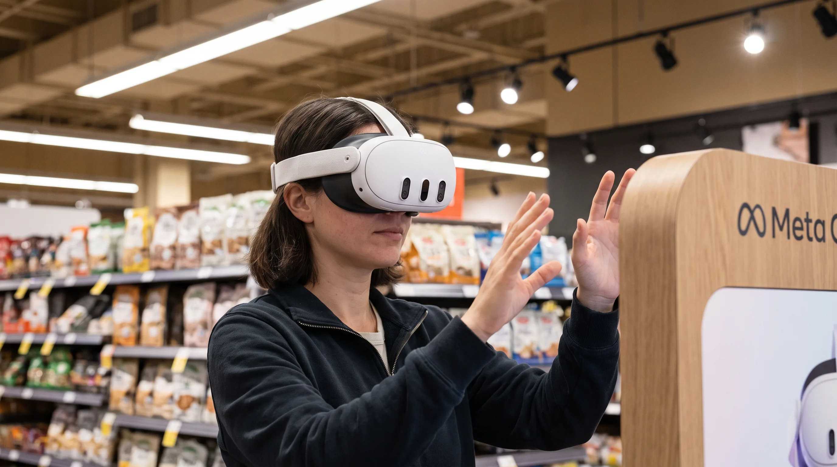 Shopper wearing a Meta Quest 3 headset at a branded kiosk in a retail store
