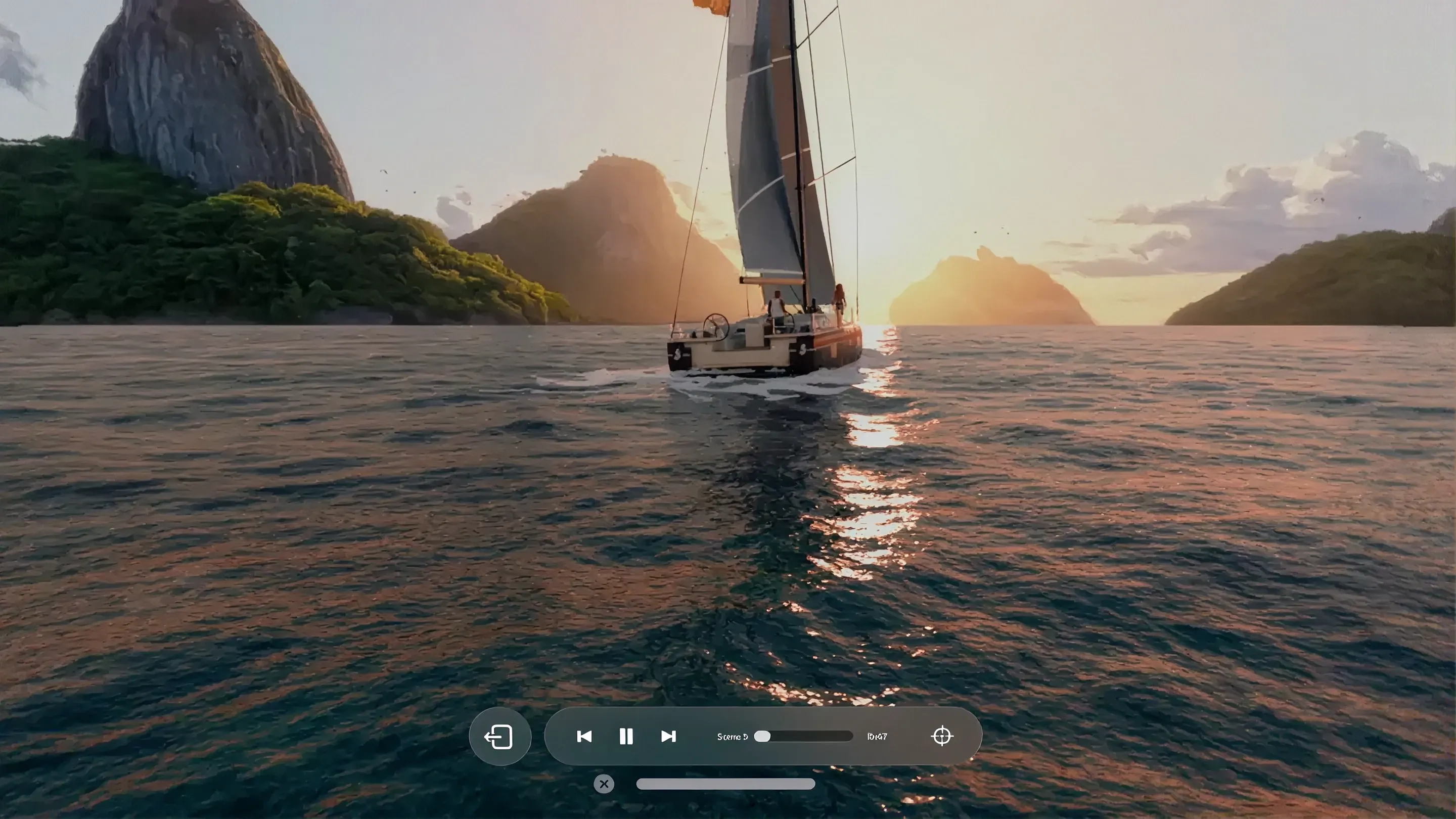 ImmersiX playback: a sailboat heading into a sunset between islands, with the visionOS player controls below