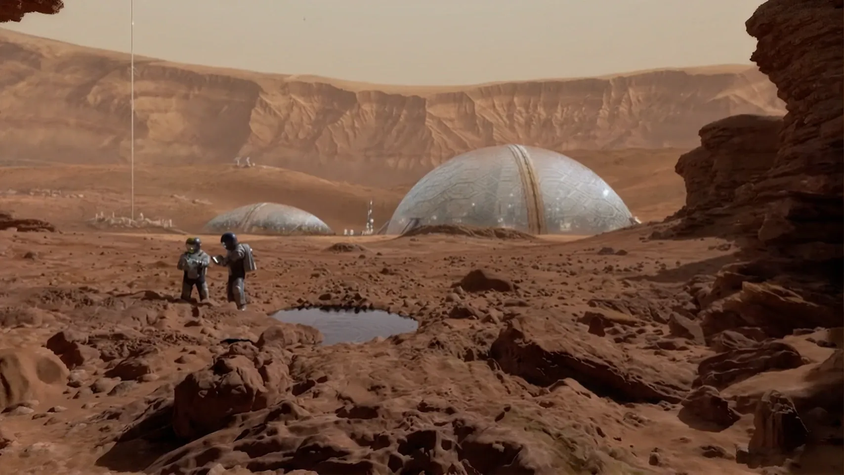 Astronauts exploring a red Martian landscape