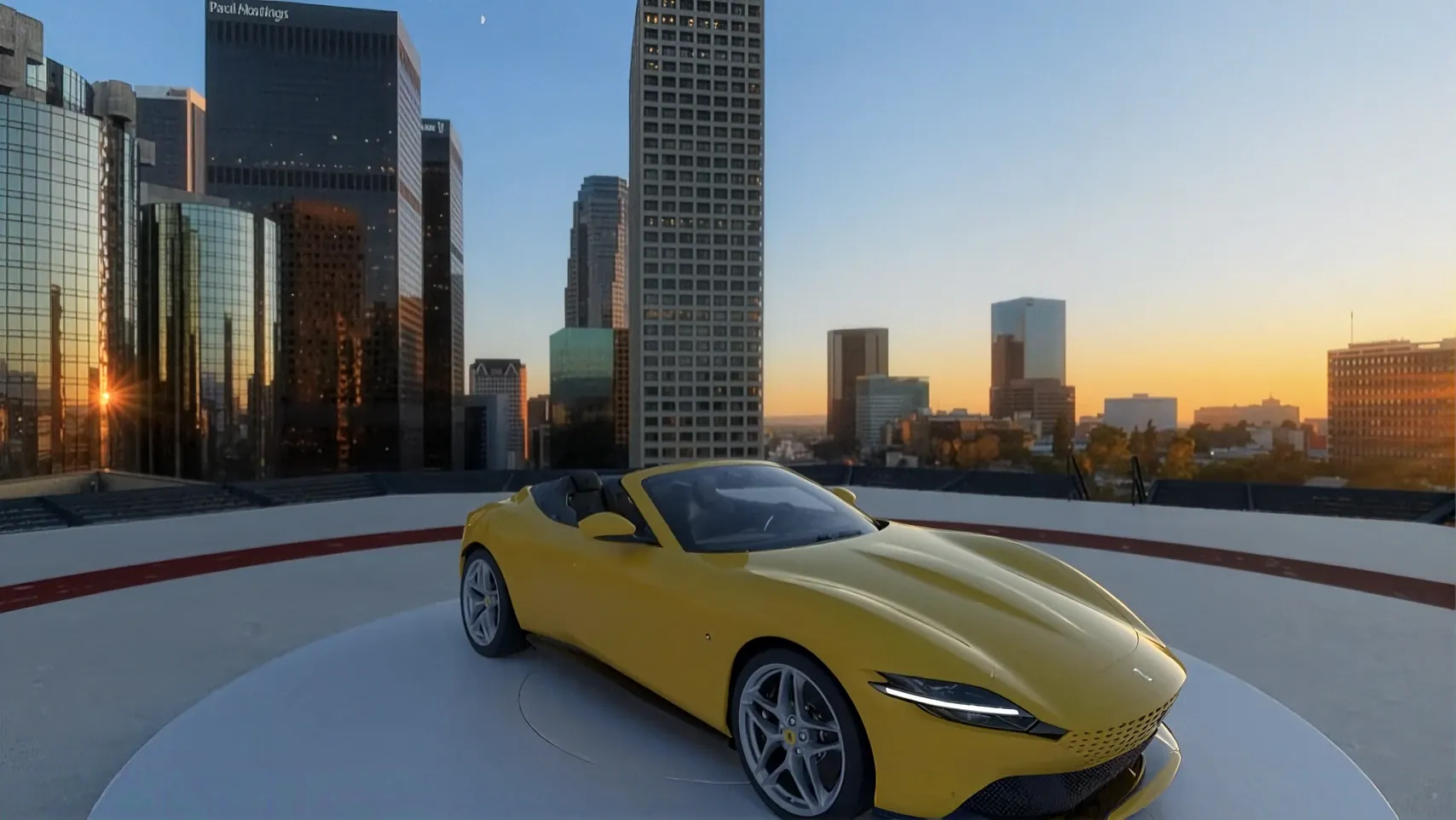 A yellow convertible on a rooftop turntable above a downtown skyline at sunset