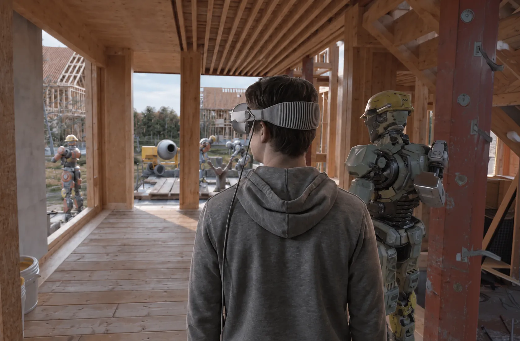 A viewer wearing Apple Vision Pro standing in a timber-framed house beside a life-size robot