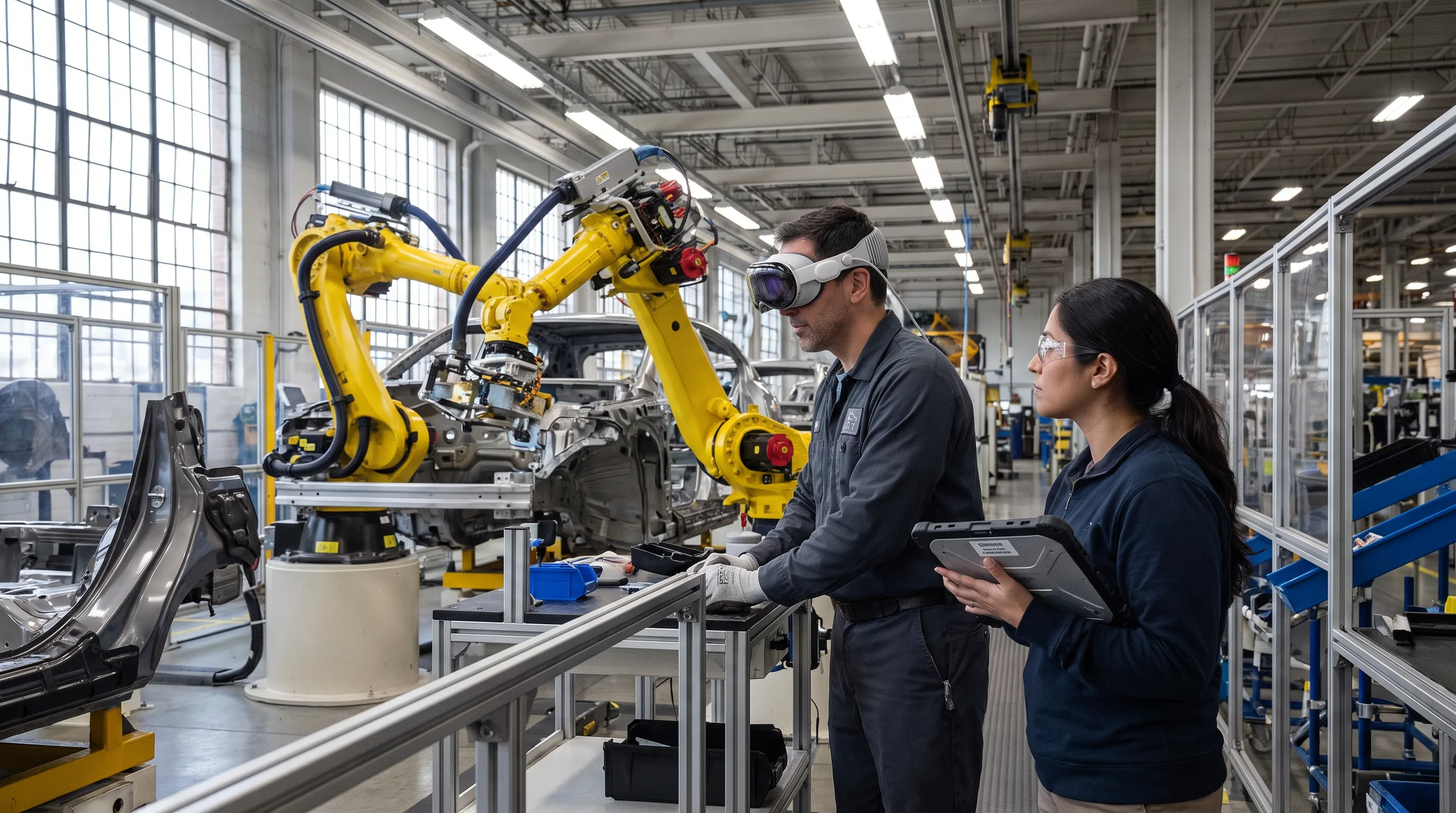Factory technician wearing Apple Vision Pro interacts with an assembly line digital twin overlay.