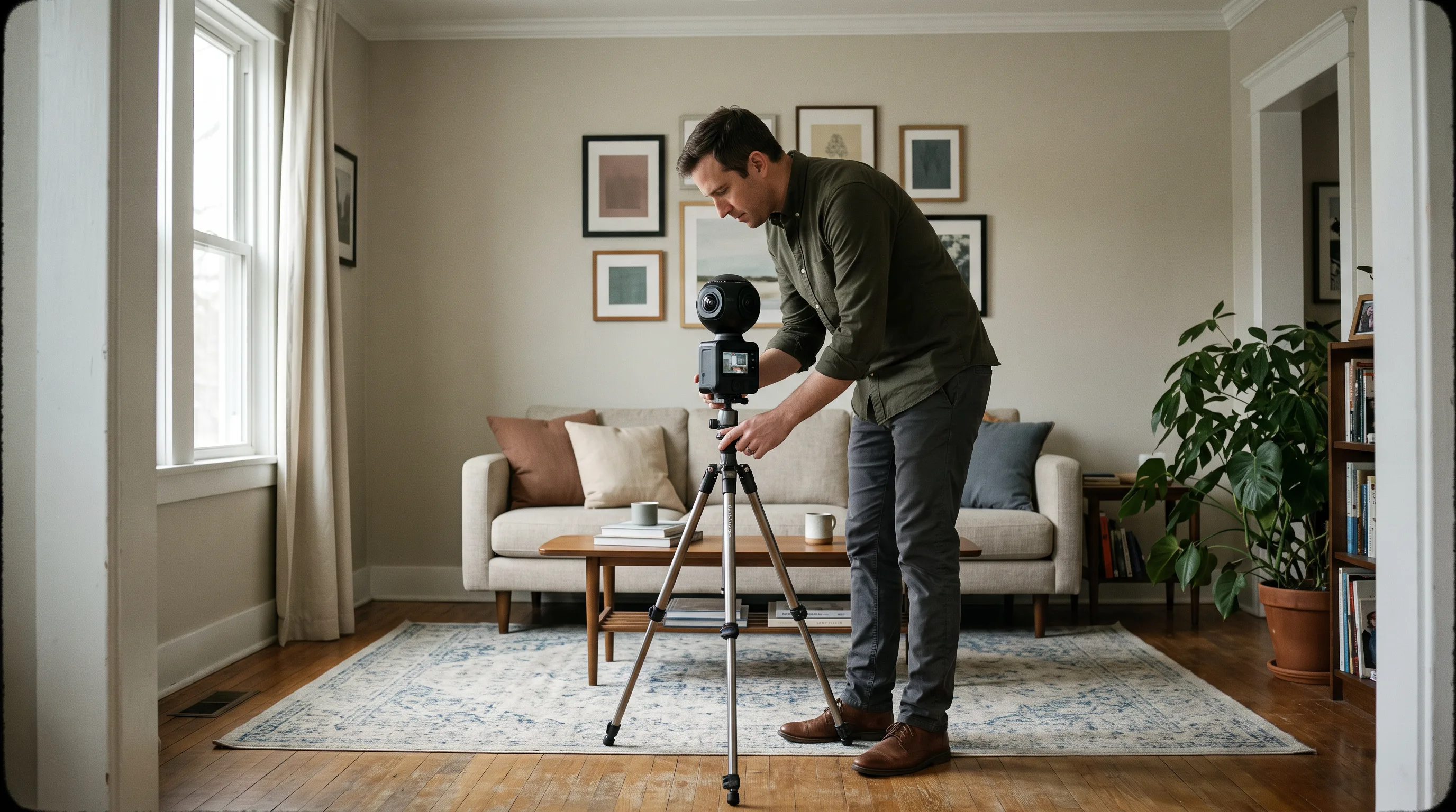 Photographer positioning a Matterport Pro 3 camera on a tripod in a furnished living room