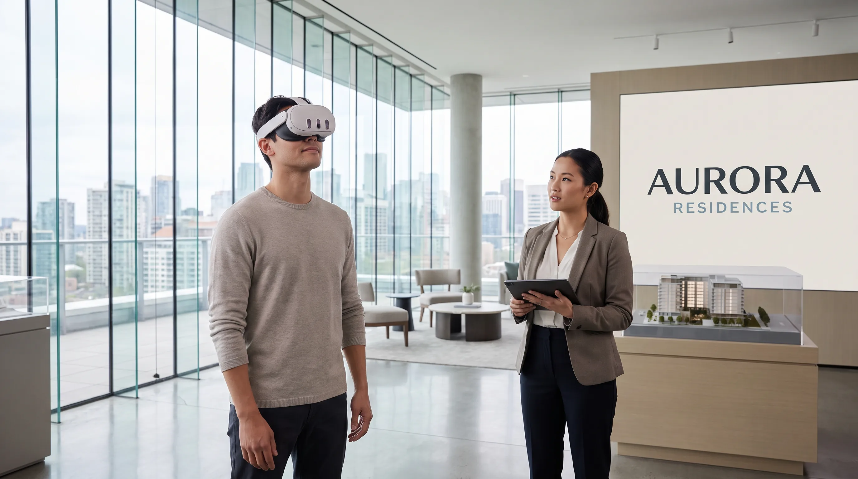 Prospective buyer wearing a Meta Quest 3 headset in a bright real estate sales gallery