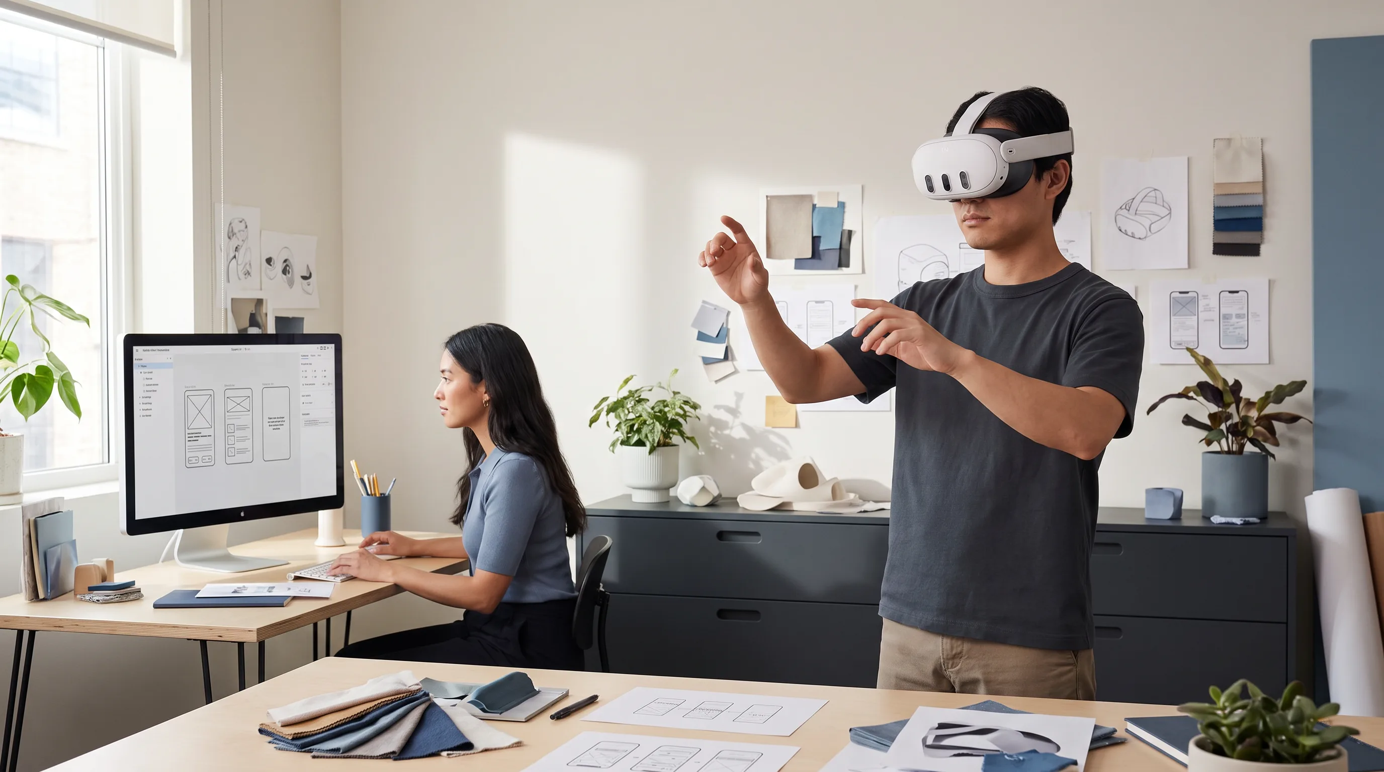 Developer wearing Meta Quest 3 testing a spatial MVP prototype in a studio