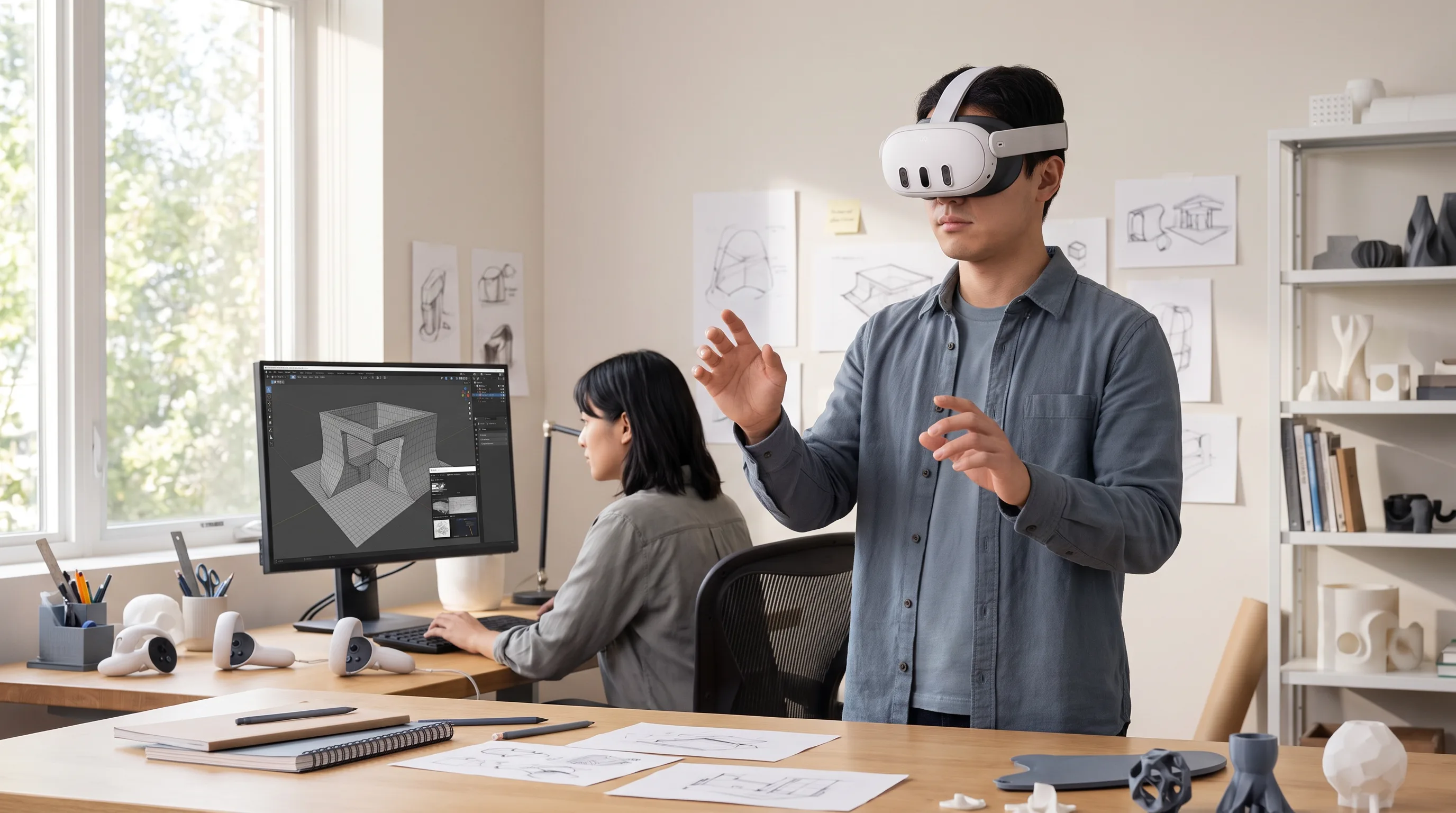 Developer in Meta Quest 3 headset testing a 3D asset as a colleague reviews wireframe topology