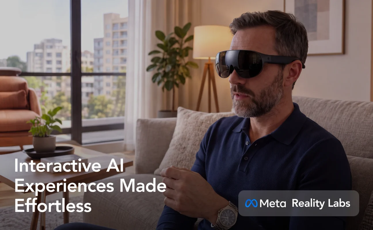 Interactive AI Experiences Made Effortless. A man in a slim mixed reality headset talks on his sofa, with a Meta Reality Labs badge