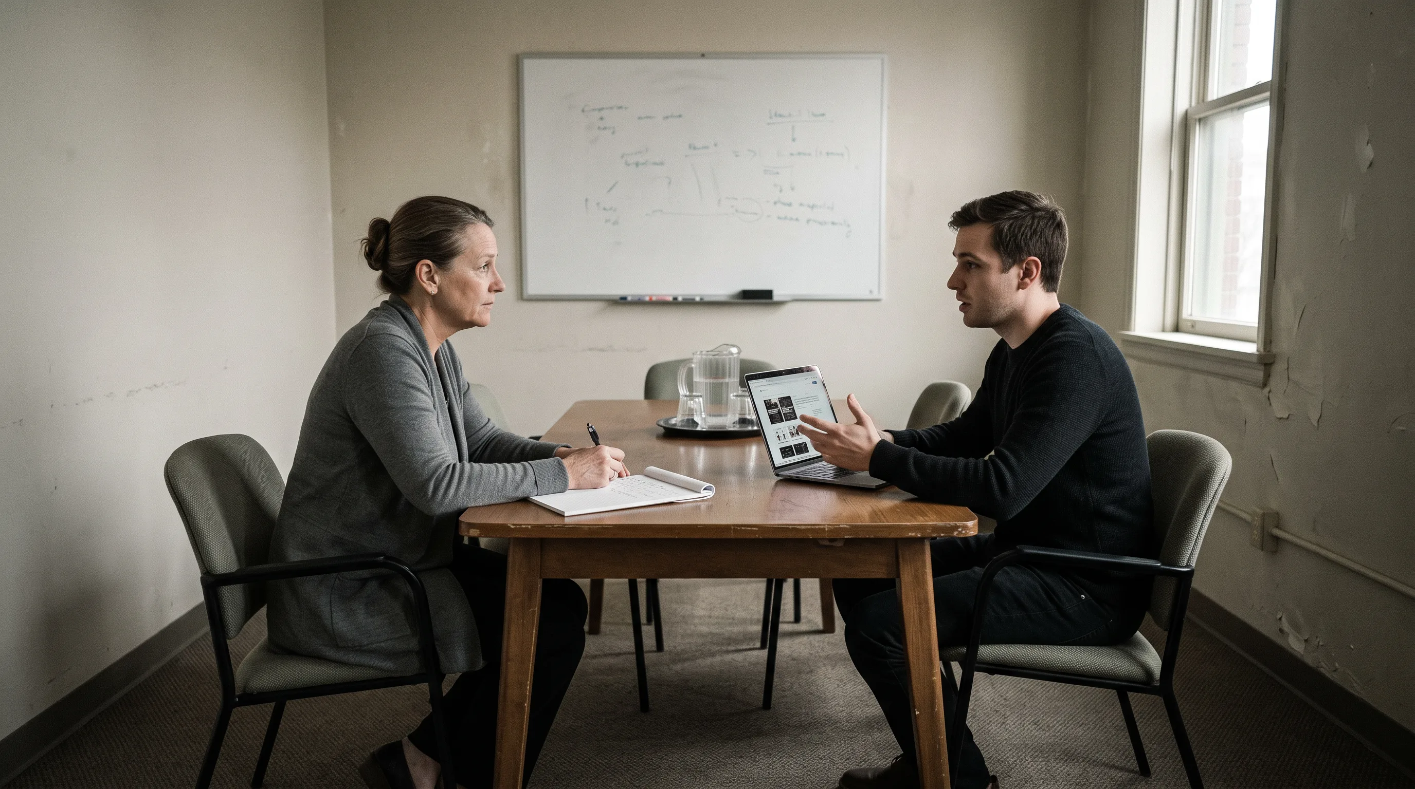 Hiring manager interviews a mixed reality developer candidate across a conference table