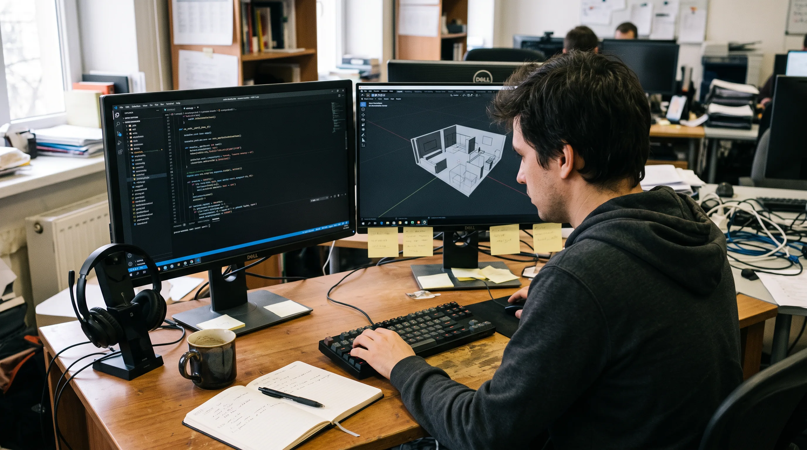Developer at dual monitors reviewing code and 3D assets for a mixed reality build