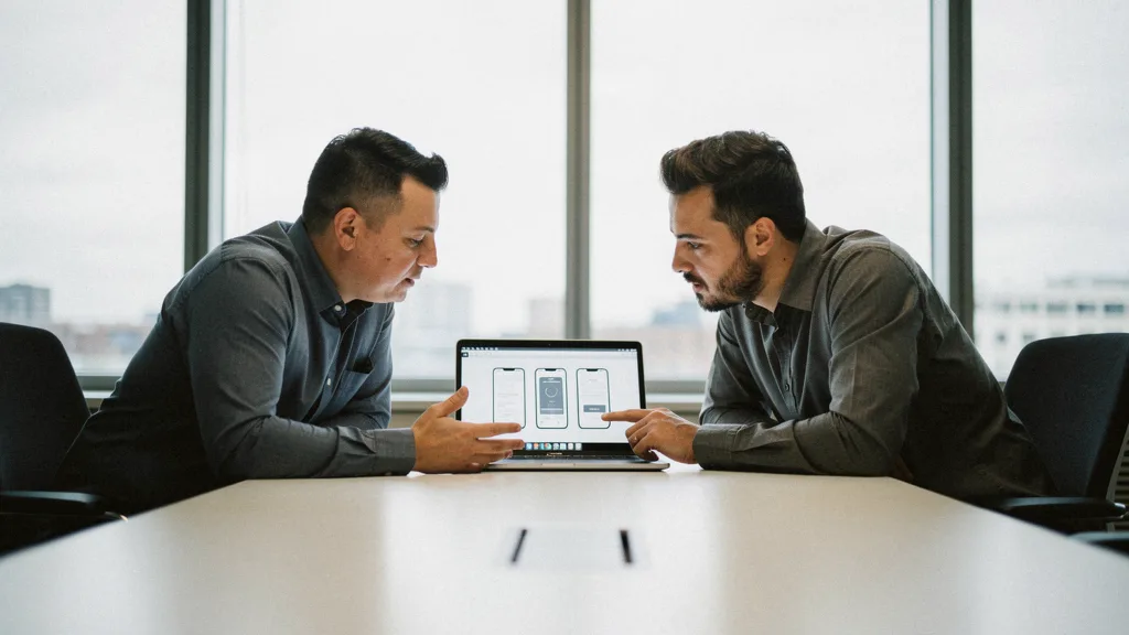 Business owner and developer reviewing mobile app wireframes at a Tampa office conference table