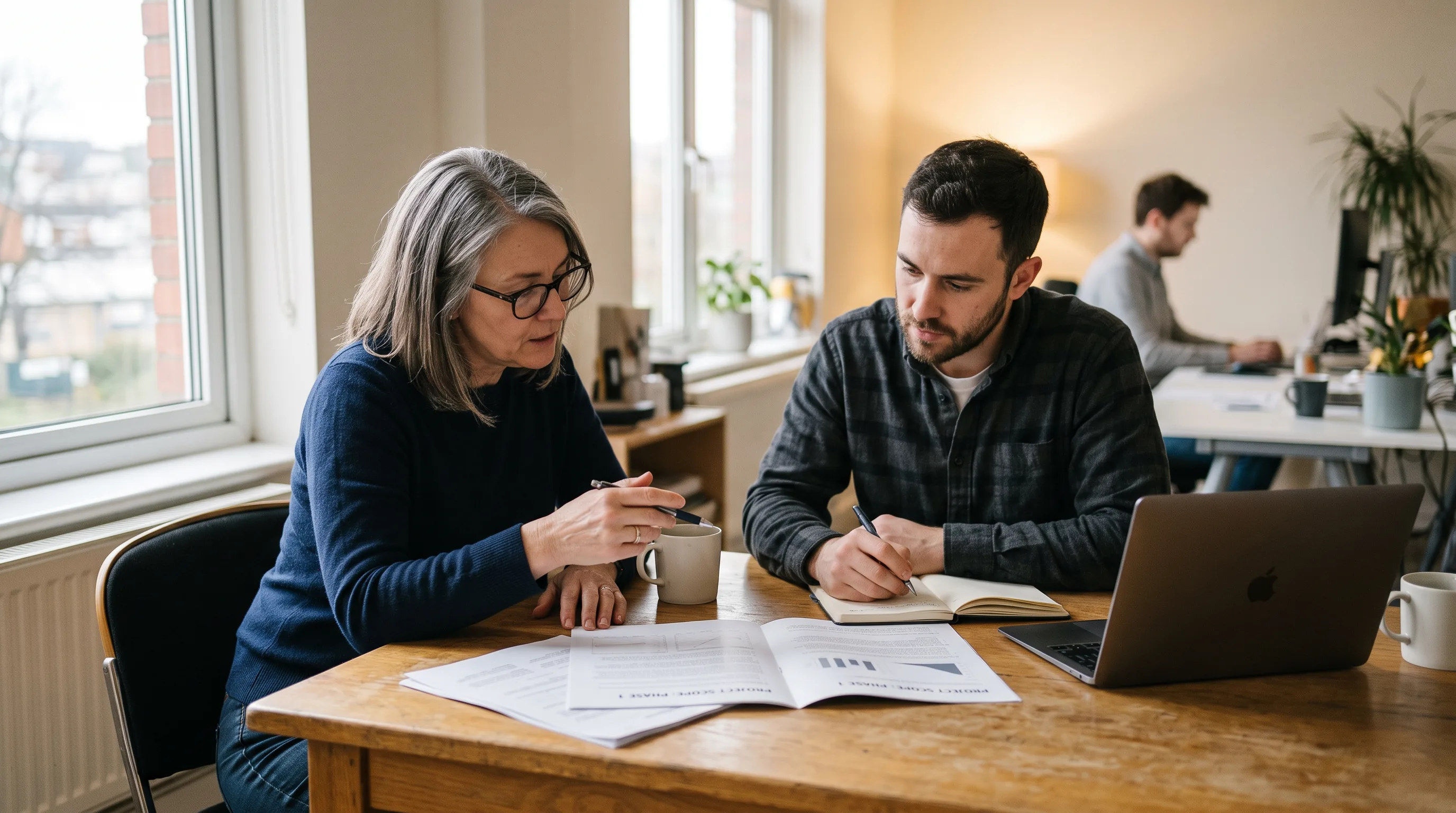 Business owner and developer reviewing a printed project scope document at a conference table