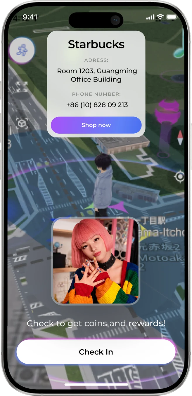 App map screen with a Starbucks partner check-in card and a Shop now button