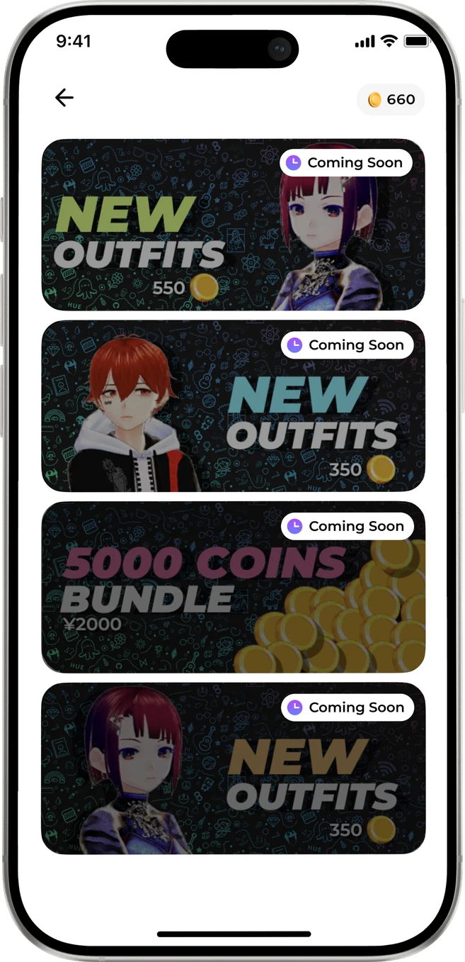 In-app marketplace listing New Outfits and a 5000 Coins Bundle, each marked Coming Soon