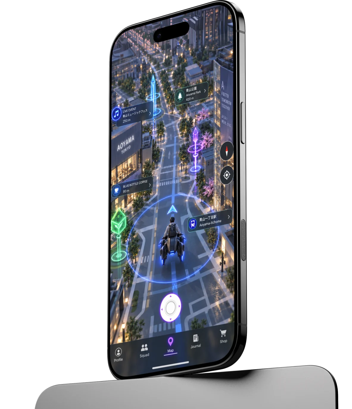 App map screen with the hover-bike joystick, on an iPhone standing on a metal pedestal