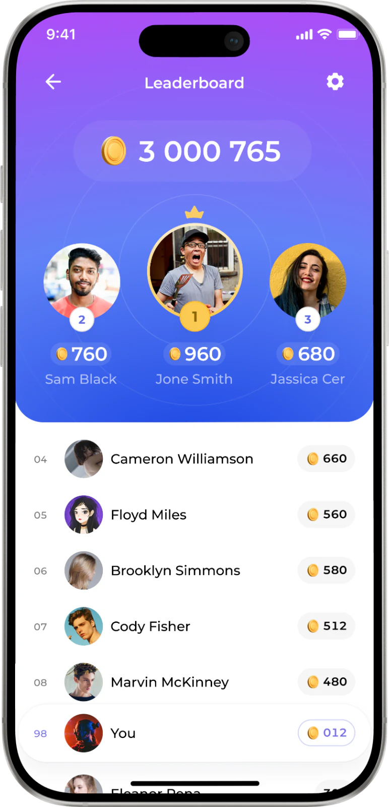 Leaderboard screen with a 3,000,765 coin total, the top three players and a ranked list