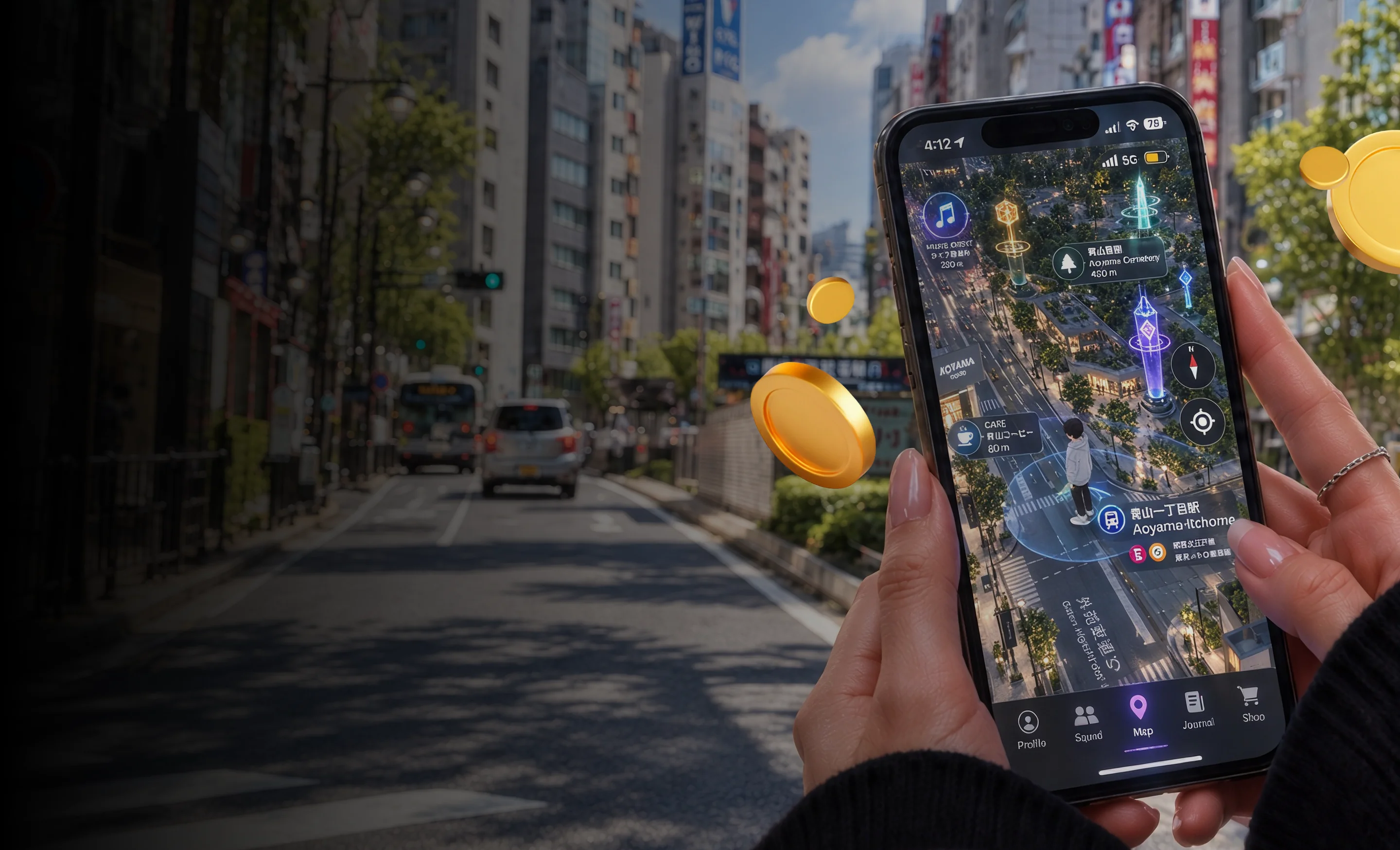 Hand holding a phone showing a stylized 3D map over a Tokyo street, with floating gold coins