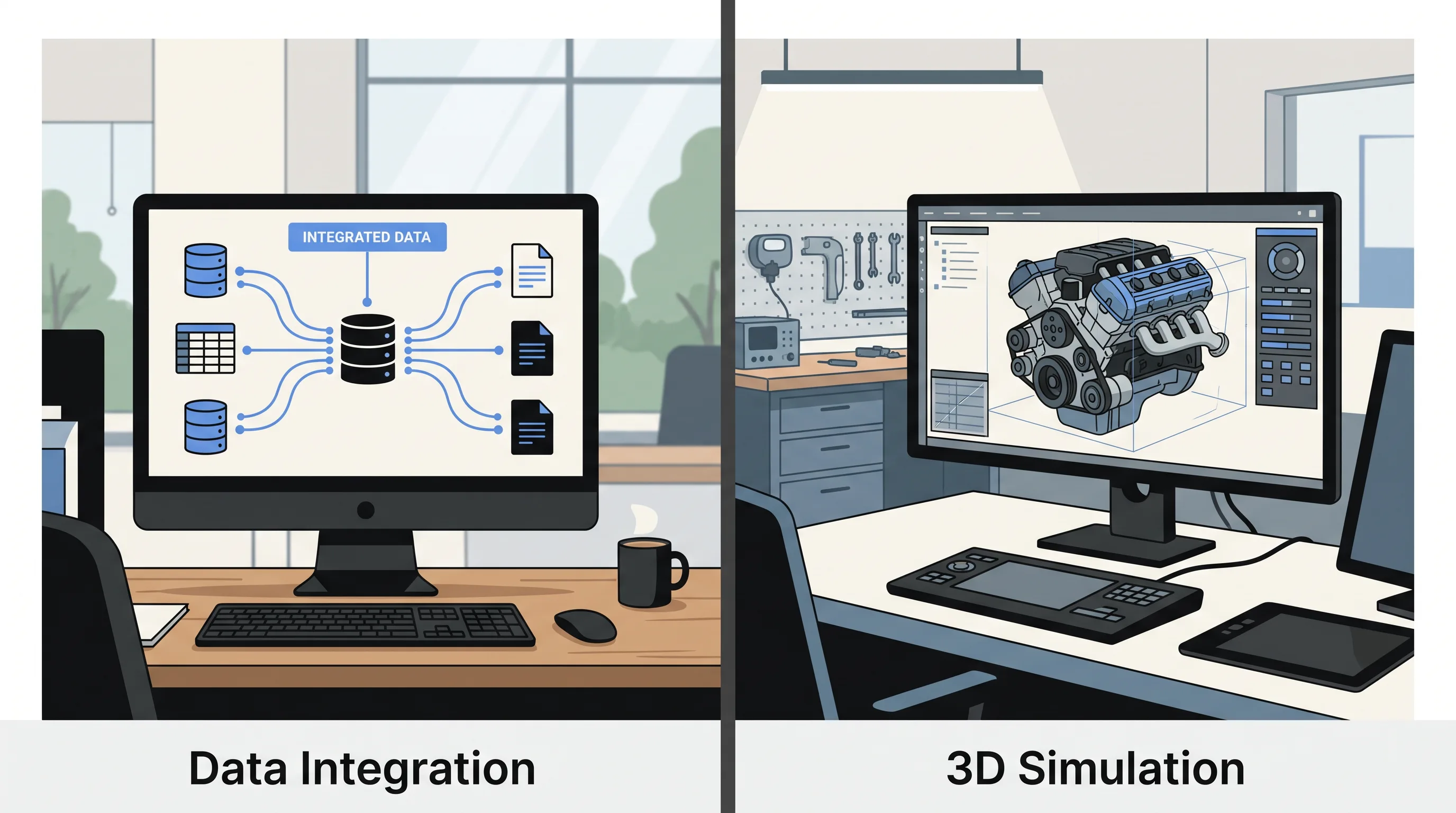 Split graphic comparing data integration and 3D simulation approaches in digital twin platforms.