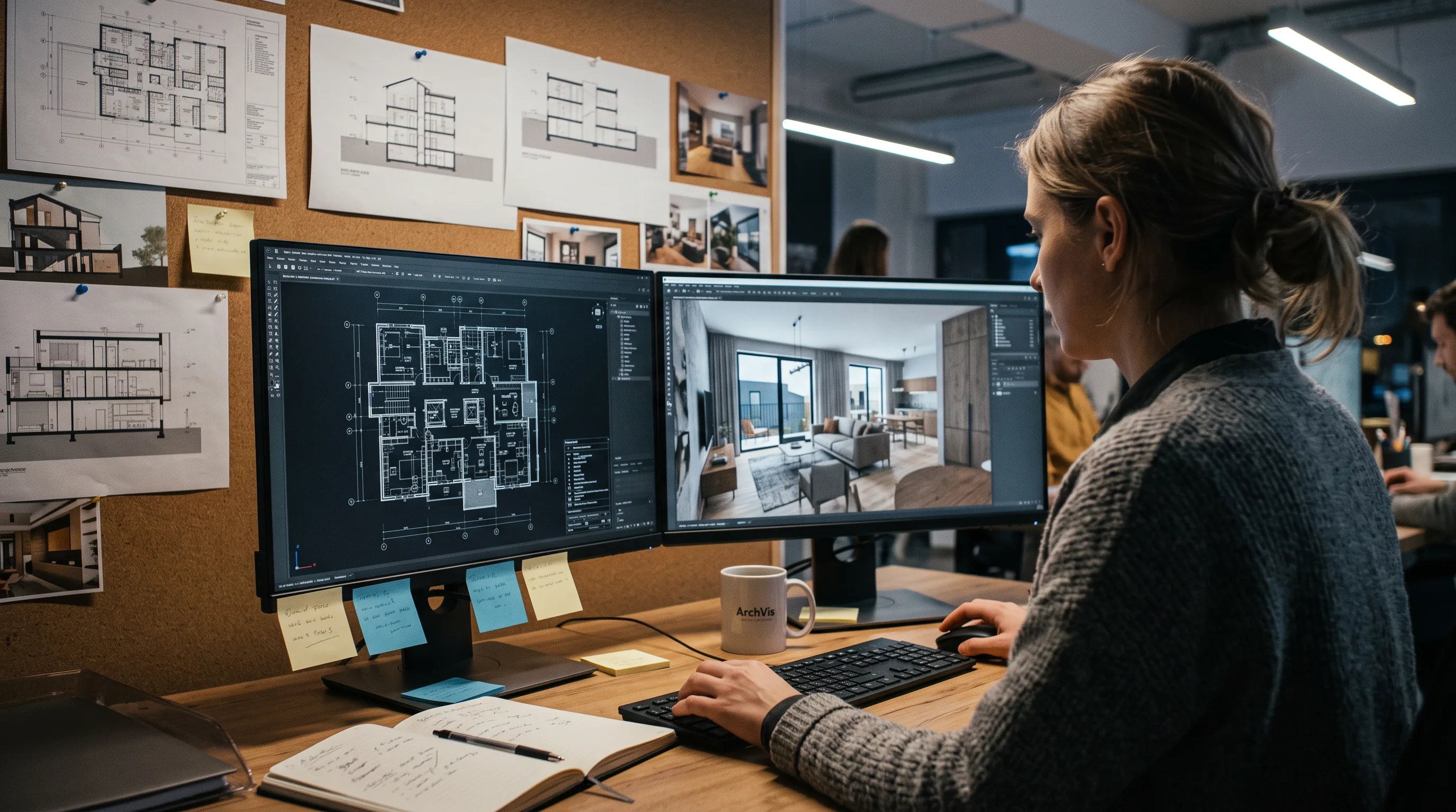 Artist at dual monitors building a pre-construction 3D virtual tour in Unreal Engine