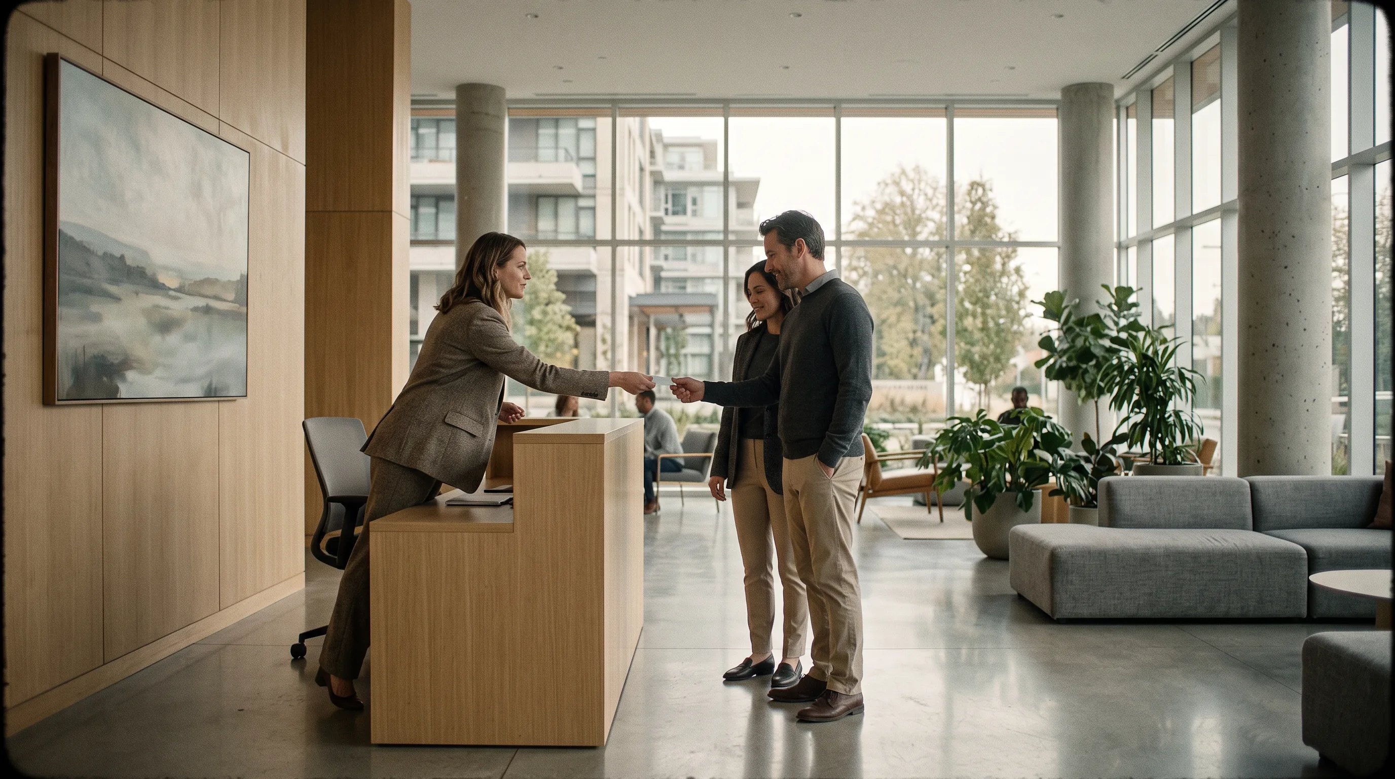 Real estate agent handing a business card to a buyer in a furnished show home lobby
