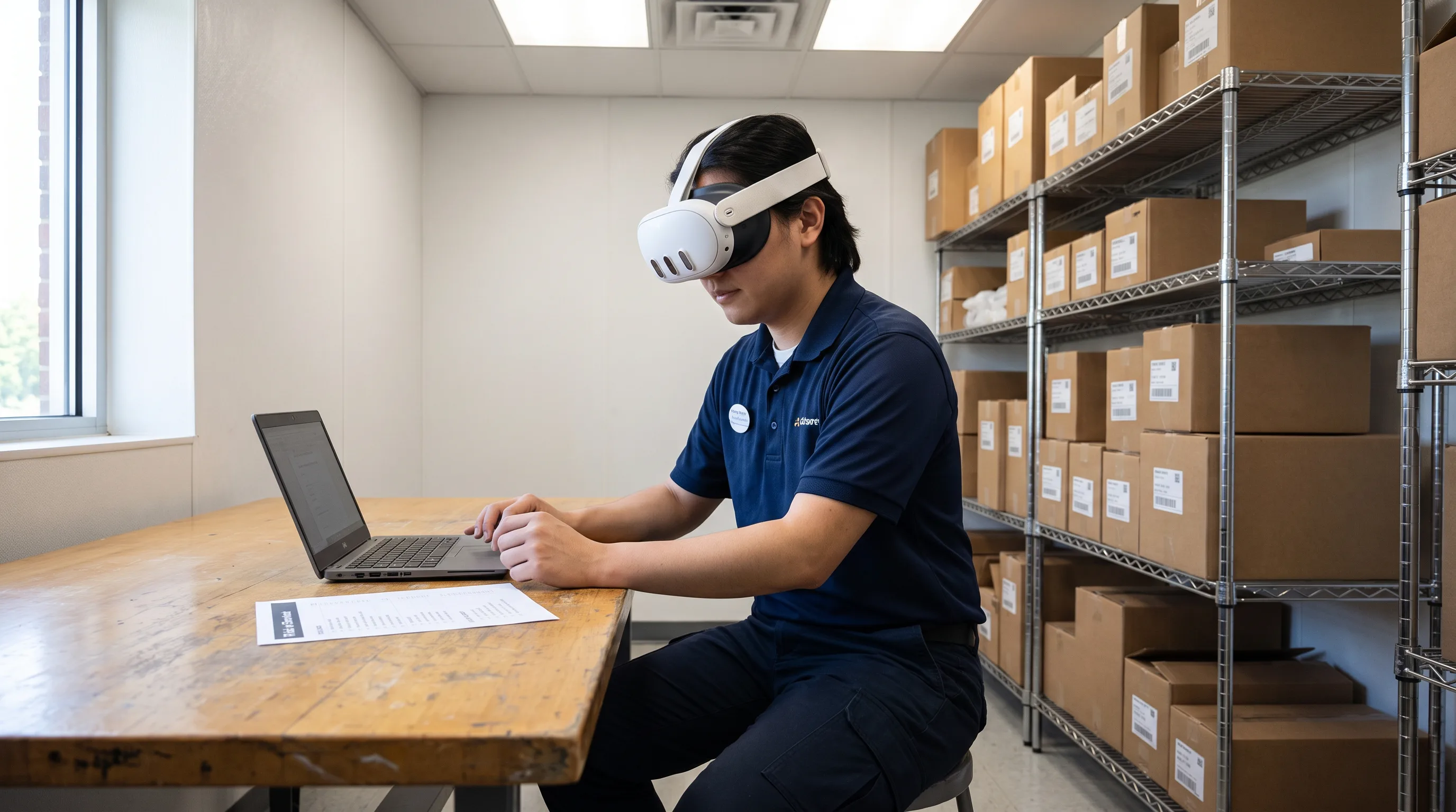 Retail employee in uniform practicing a customer service scenario with a VR headset