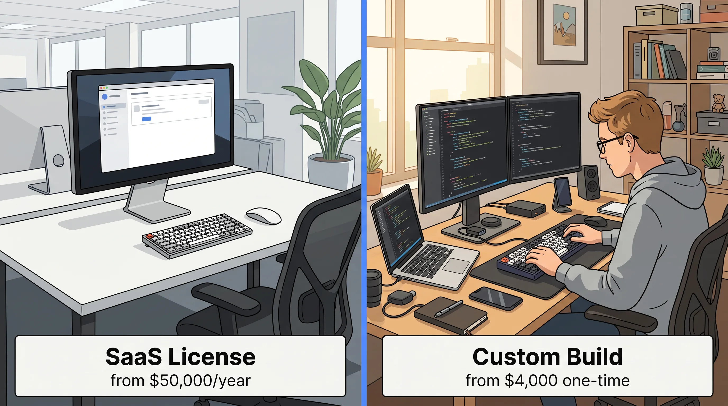 Split panel comparing SaaS license recurring annual cost against a custom build one-time investment