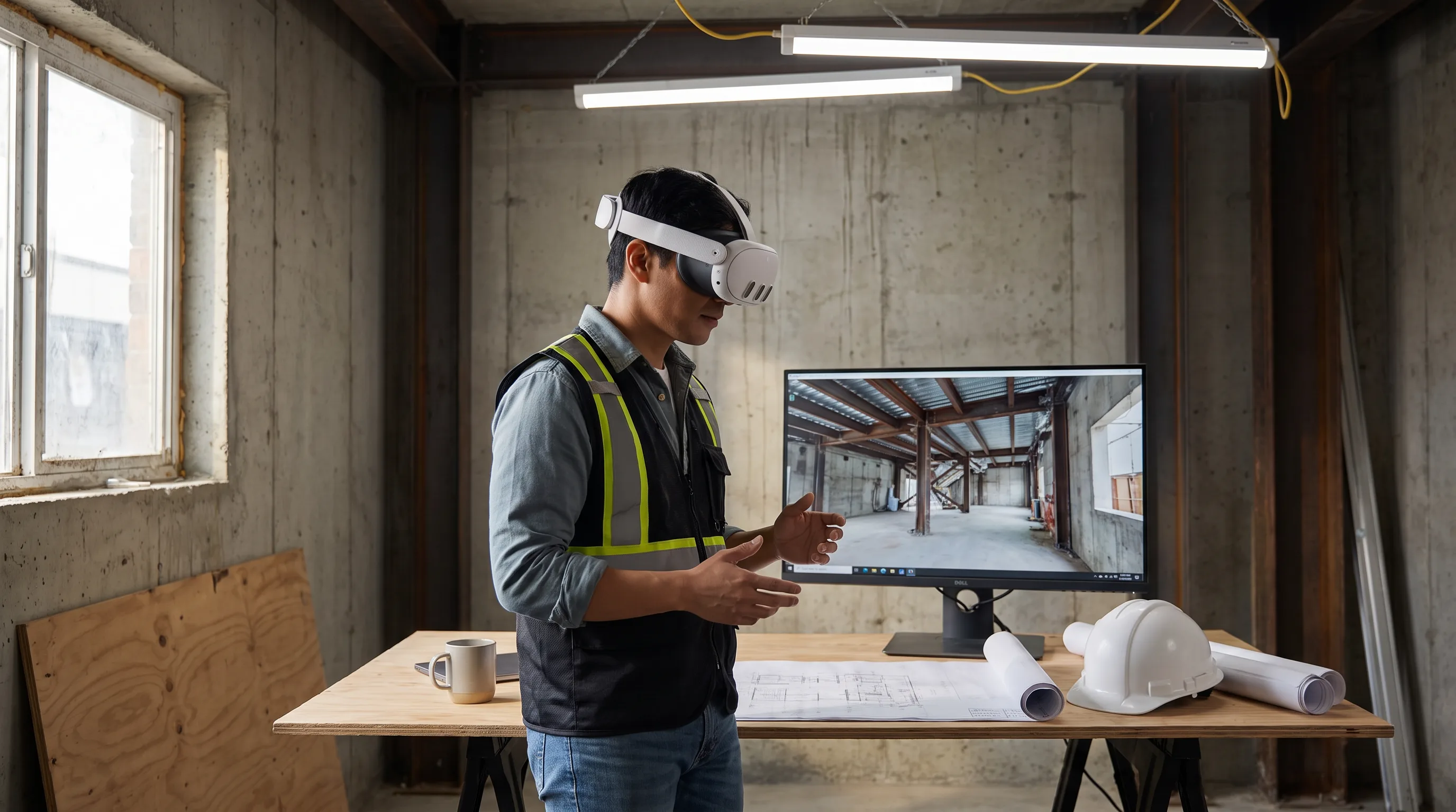 Engineer in a Meta Quest 3 headset reviewing a digital twin of a scanned building interior