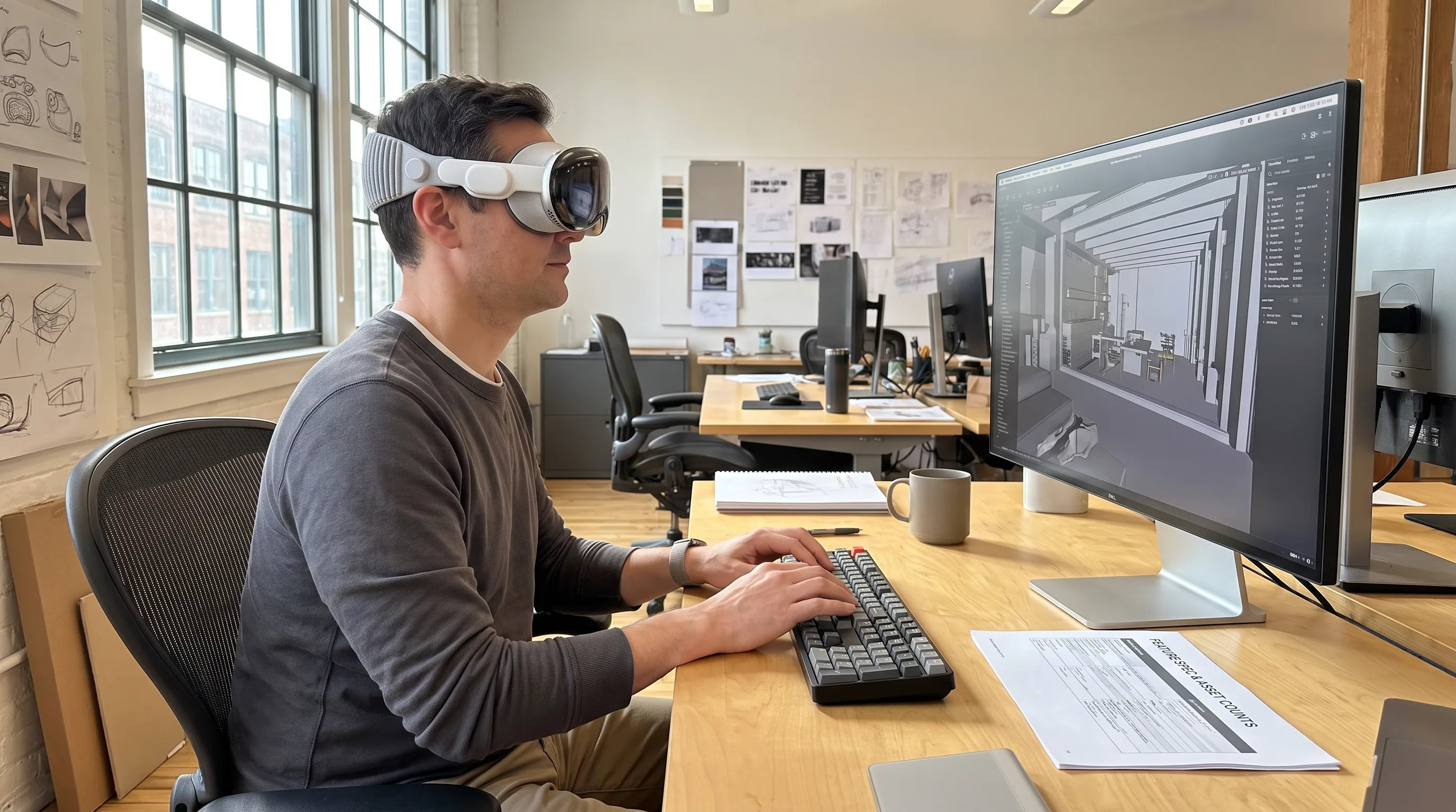 Developer wearing Apple Vision Pro reviews a spatial computing project spec at a studio desk