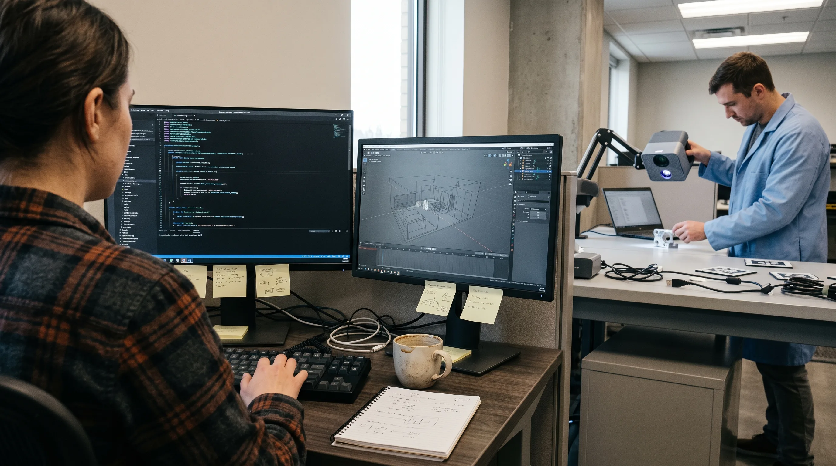 Technician operating a structured-light 3D scanner over a metal bracket on a lab workbench