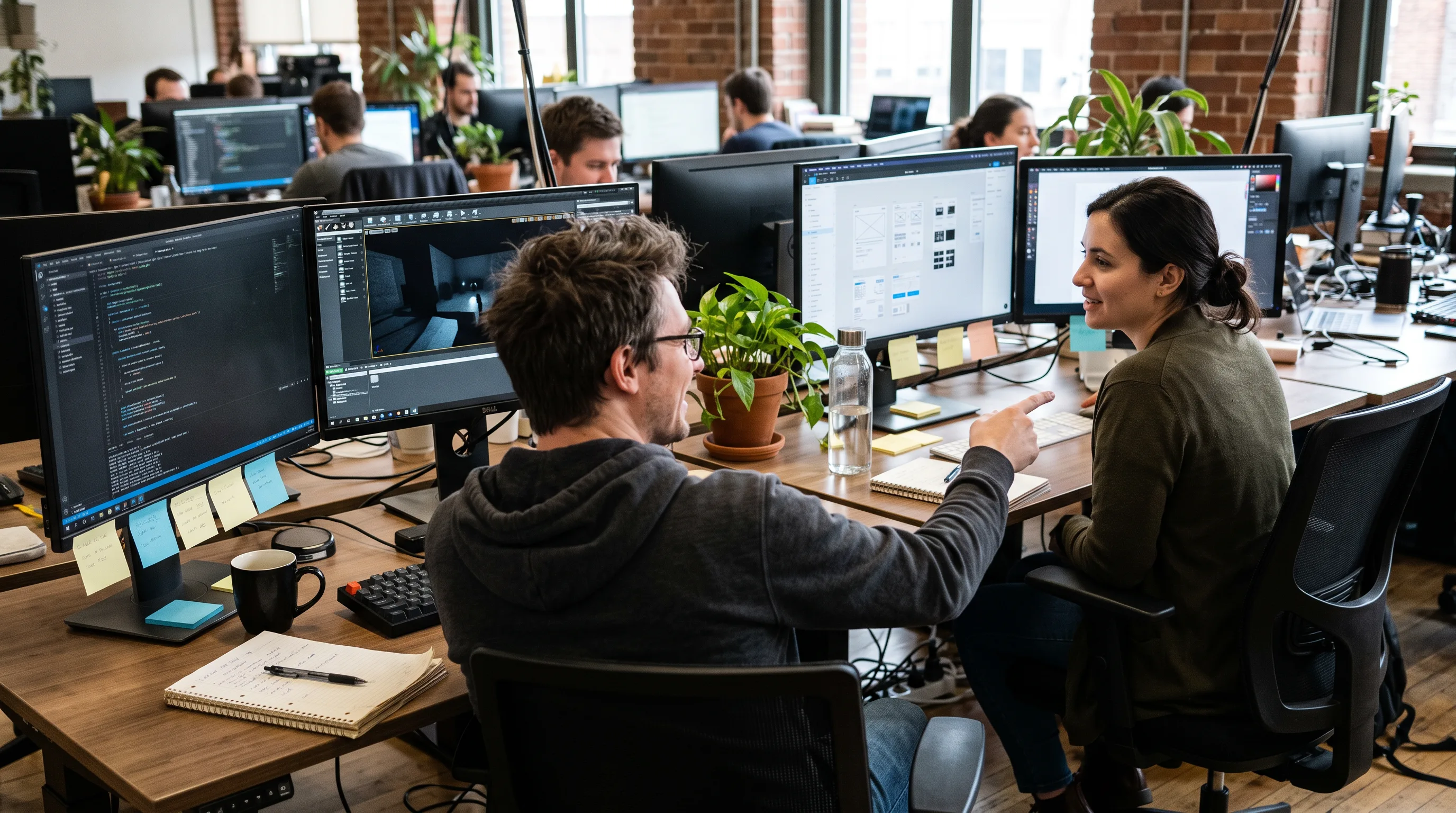 Software engineer and UX designer at adjacent workstations reviewing a spatial scene together