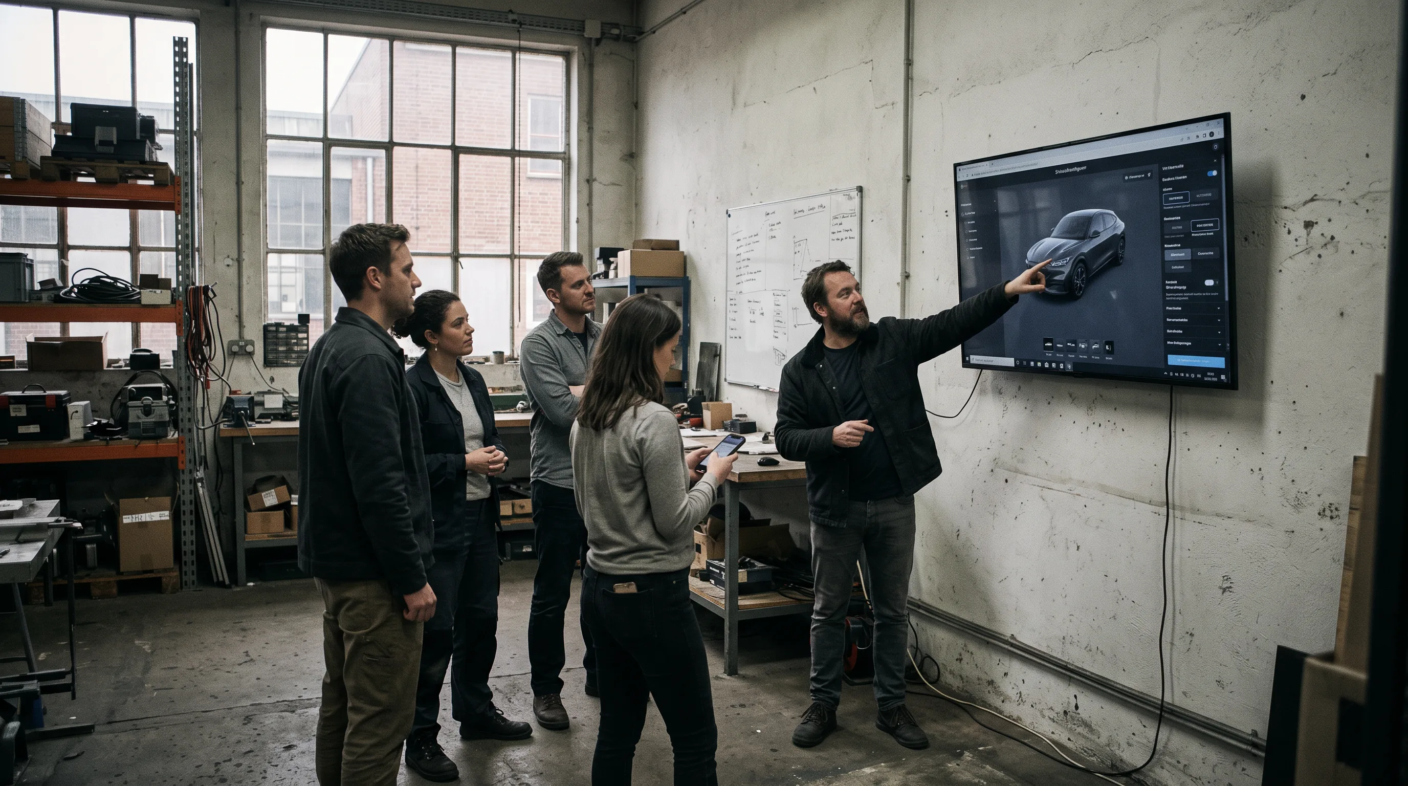 A studio team reviews a live 3D configurator demo on a wall monitor, one member testing it on a phone