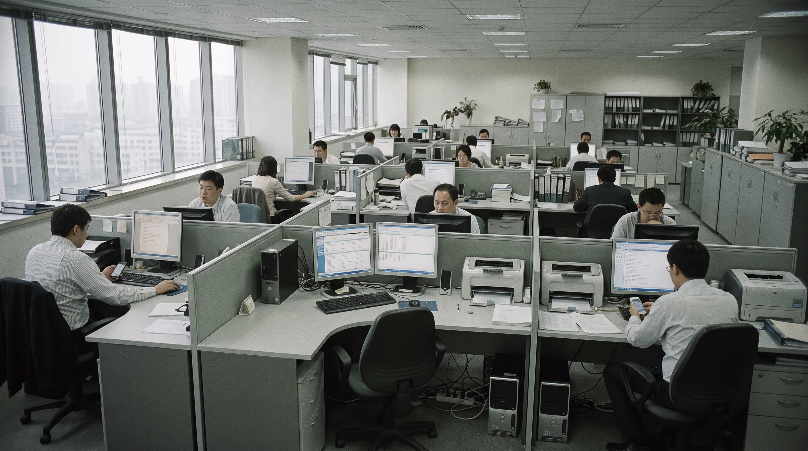 Professionals at workstations in a Tampa Bay financial services office with monitors and phones