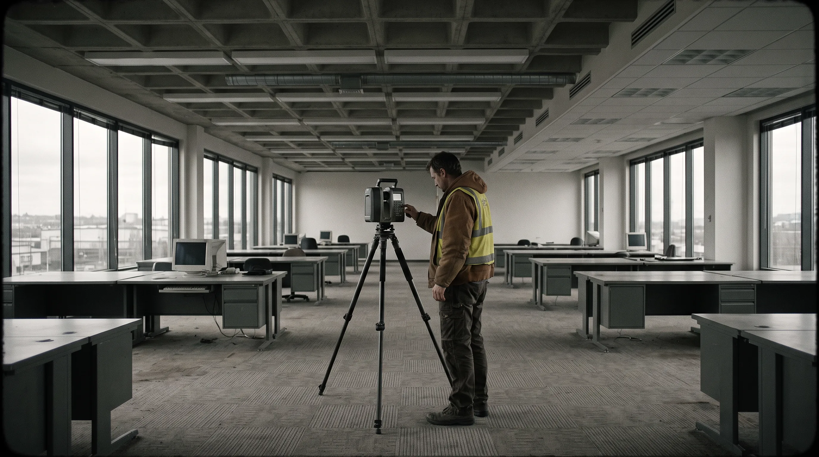 Surveyor beside a tripod-mounted terrestrial laser scanner on an open commercial office floor