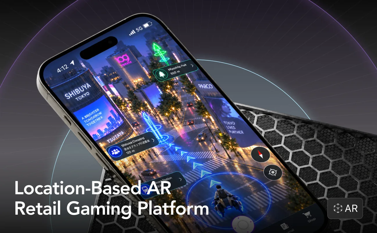 Location-Based AR Retail Gaming Platform. A phone shows a neon 3D map of Shibuya with a rider on a hover bike, beside an AR badge
