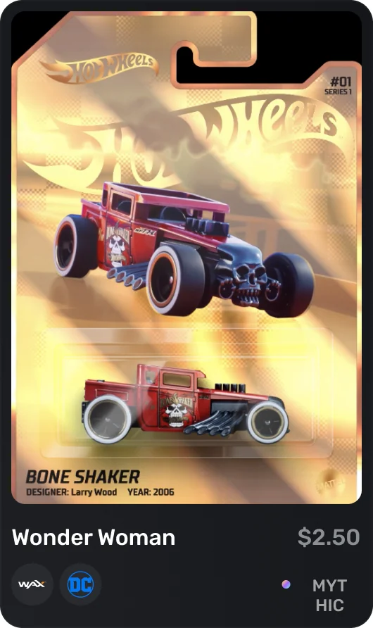 Tr0ve marketplace card: Hot Wheels Bone Shaker collectible on WAX