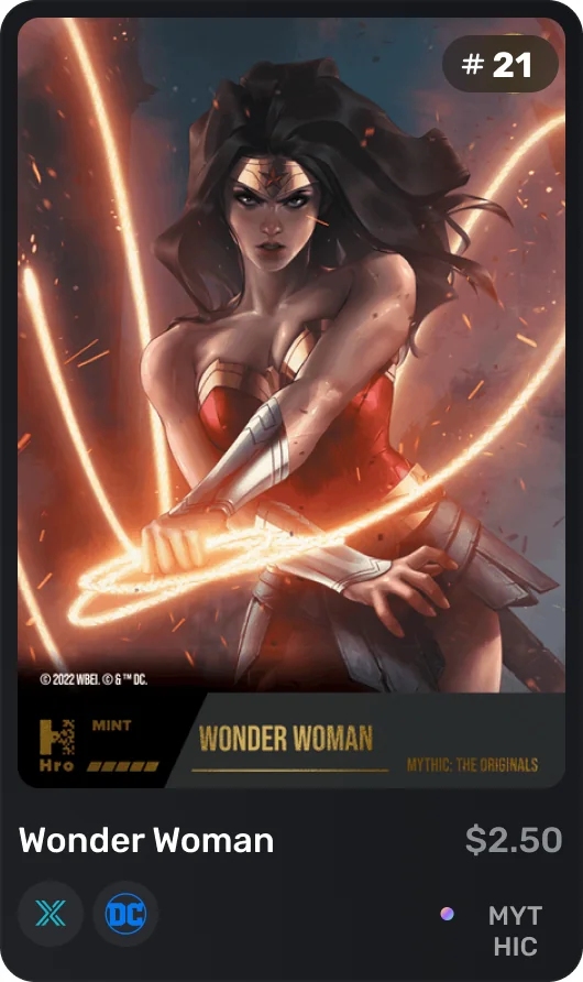 Tr0ve marketplace card: Wonder Woman collectible, $2.50, Mythic rarity on Immutable X