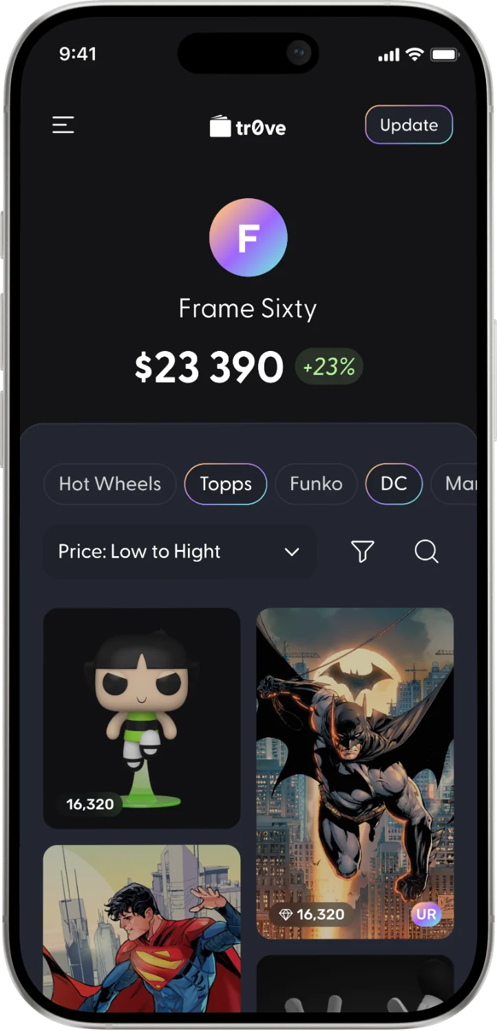 Tr0ve iPhone app showing the Frame Sixty portfolio at $23,390, up 23%, with brand filters