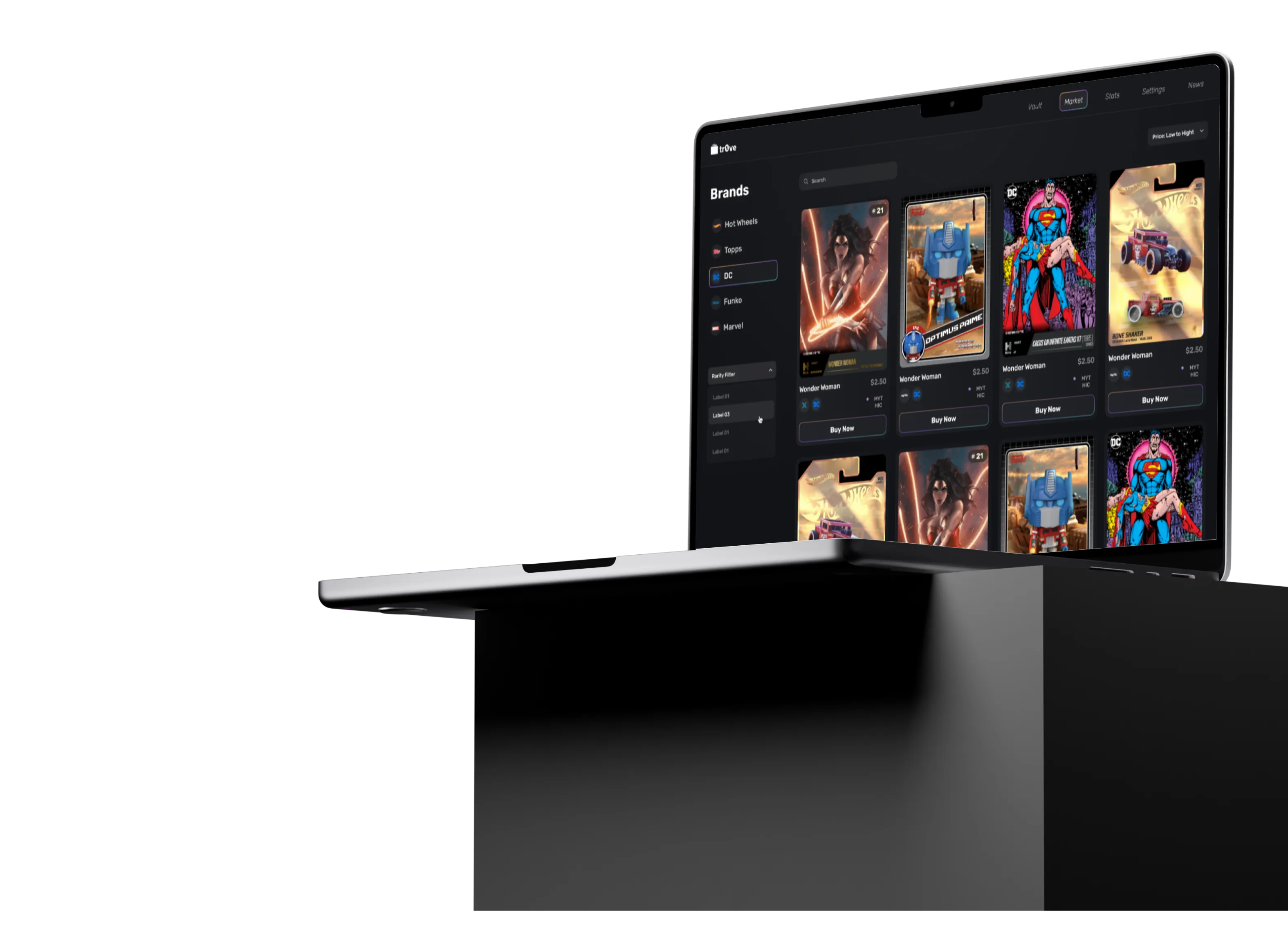 Laptop on a plinth showing the Tr0ve market: brand filters beside Wonder Woman, Optimus Prime, Superman and Hot Wheels NFTs with Buy Now buttons