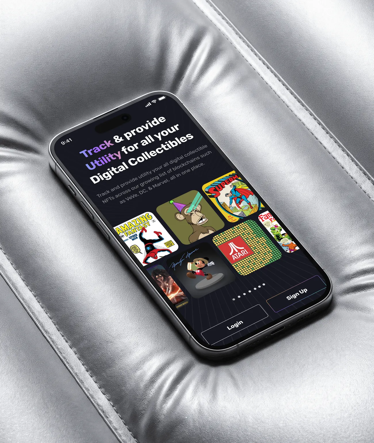 iPhone on quilted silver leather showing the Tr0ve onboarding screen: Track & provide utility for all your digital collectibles