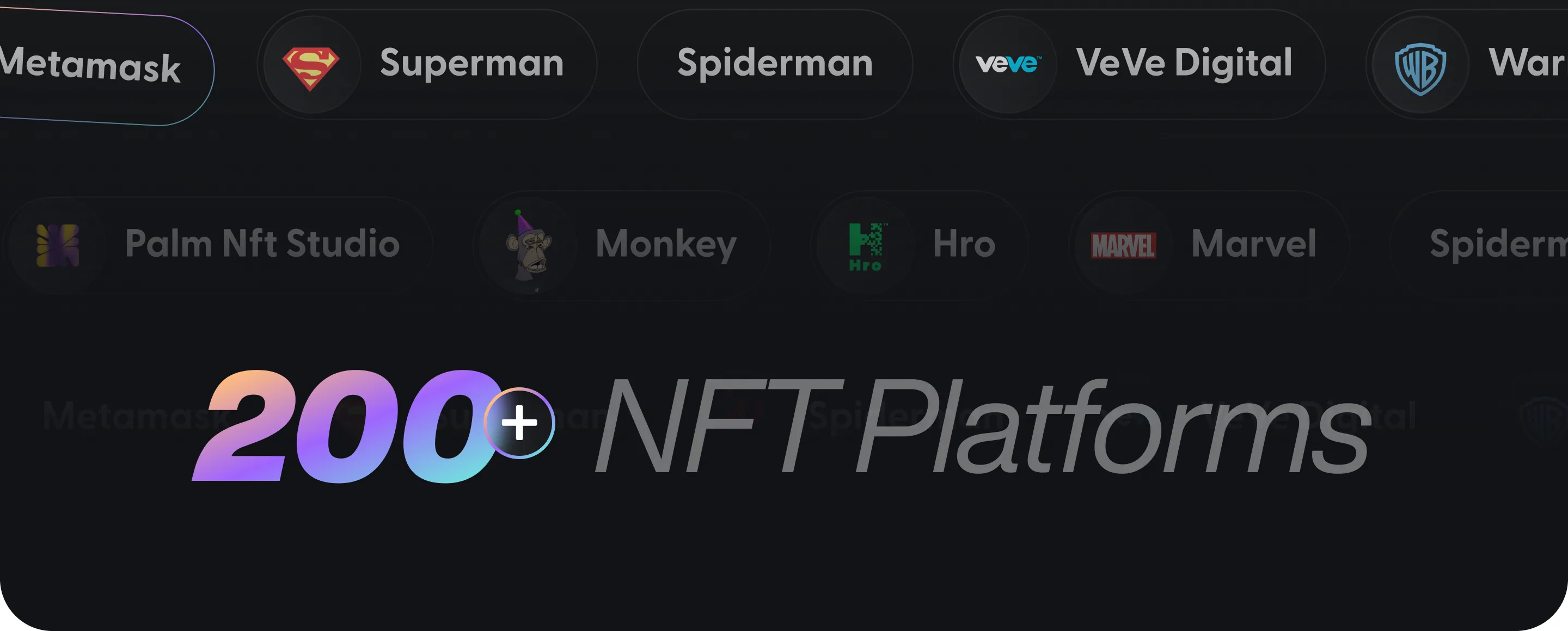 200+ NFT platforms, including DC, MetaMask, Superman, Spider-Man, VeVe Digital, Warner Bros., Palm NFT Studio, Hro and Marvel