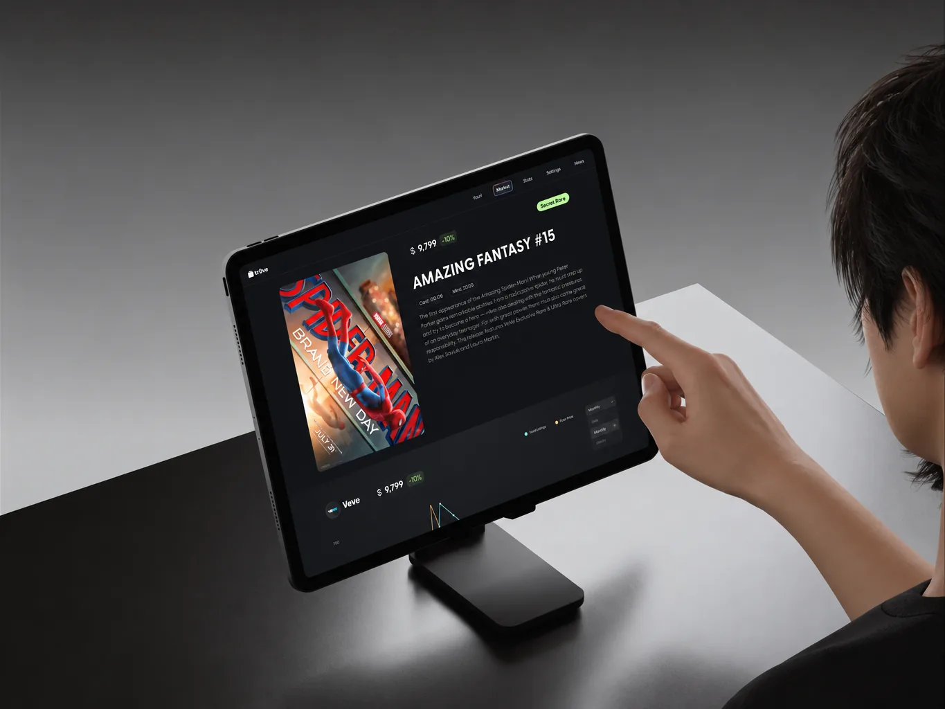 Person tapping a Tr0ve tablet showing Amazing Fantasy #15 at $9,799 with a price-history chart