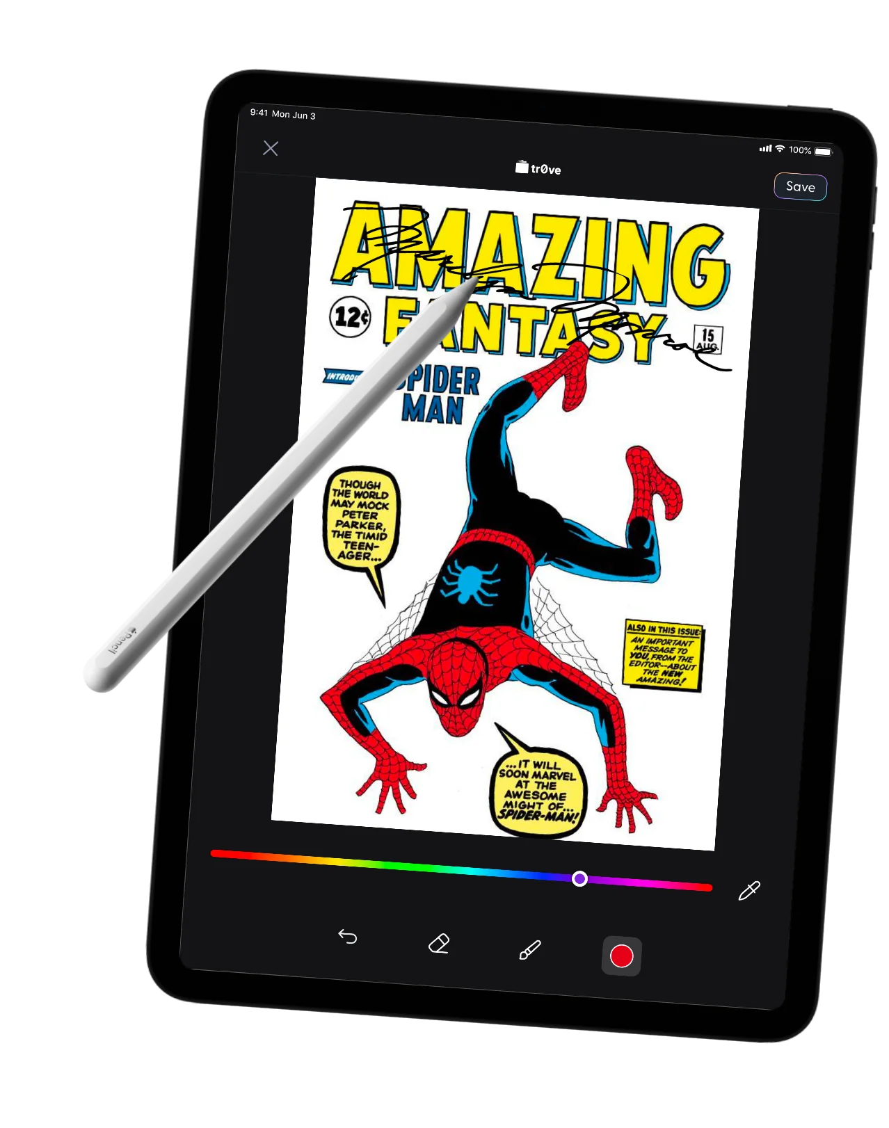 Apple Pencil signing an Amazing Fantasy Spider-Man comic NFT in the Tr0ve iPad app