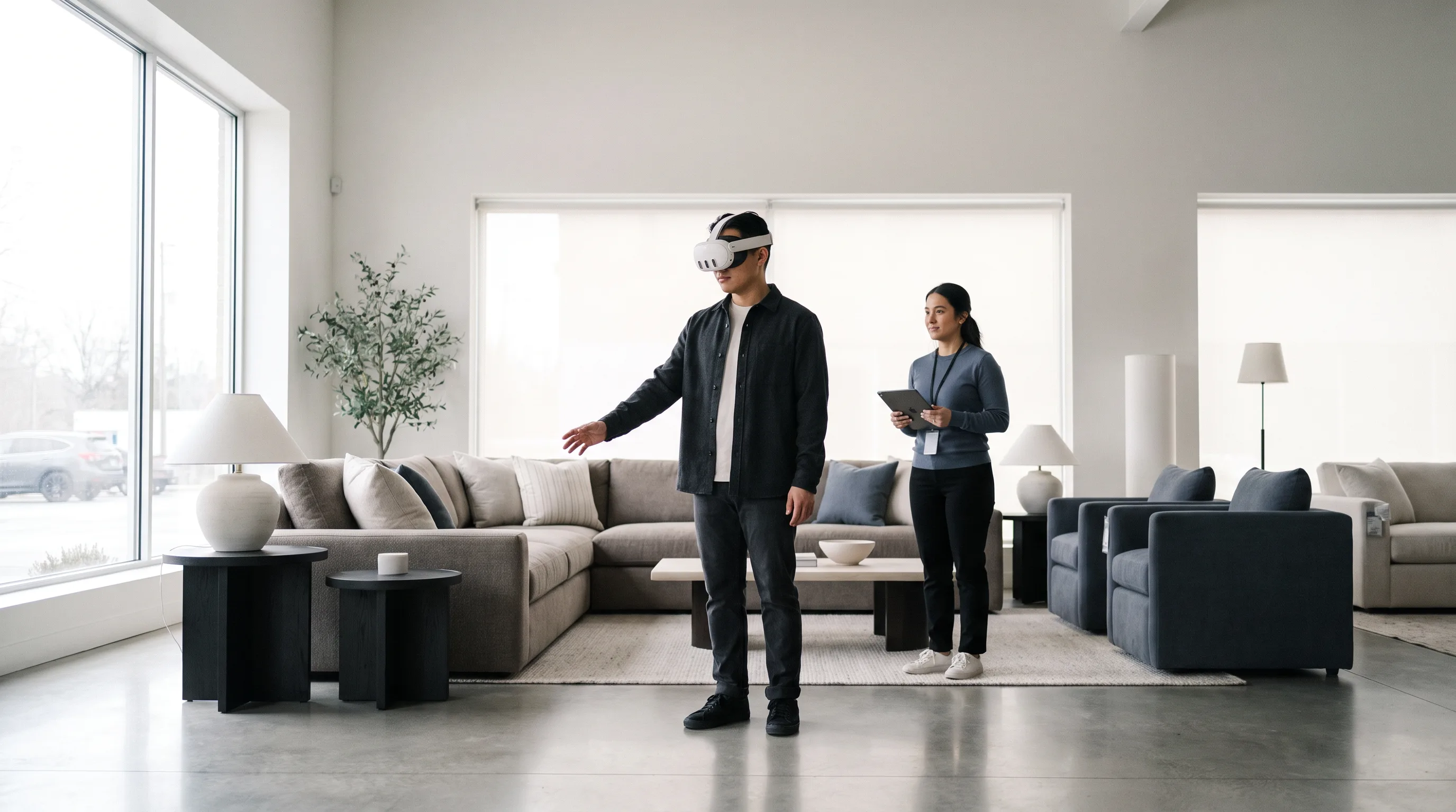 Customer using VR in retail, wearing a Meta Quest 3 to browse virtual furniture
