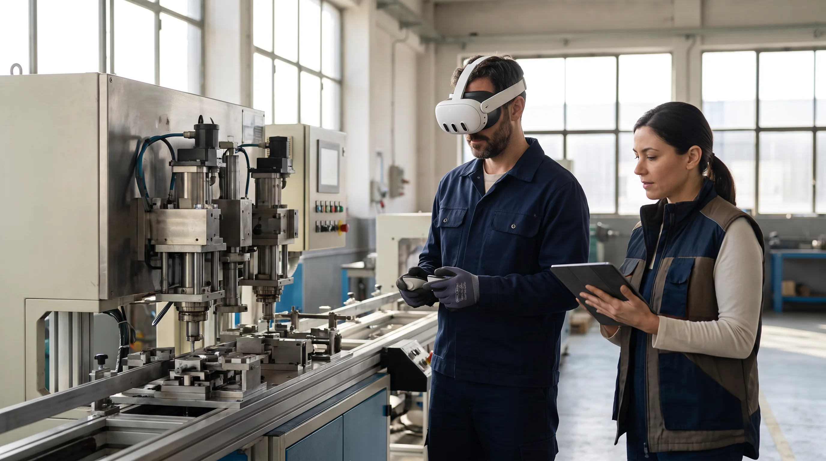Factory worker wearing a Meta Quest 3 headset during VR safety training on a manufacturing floor