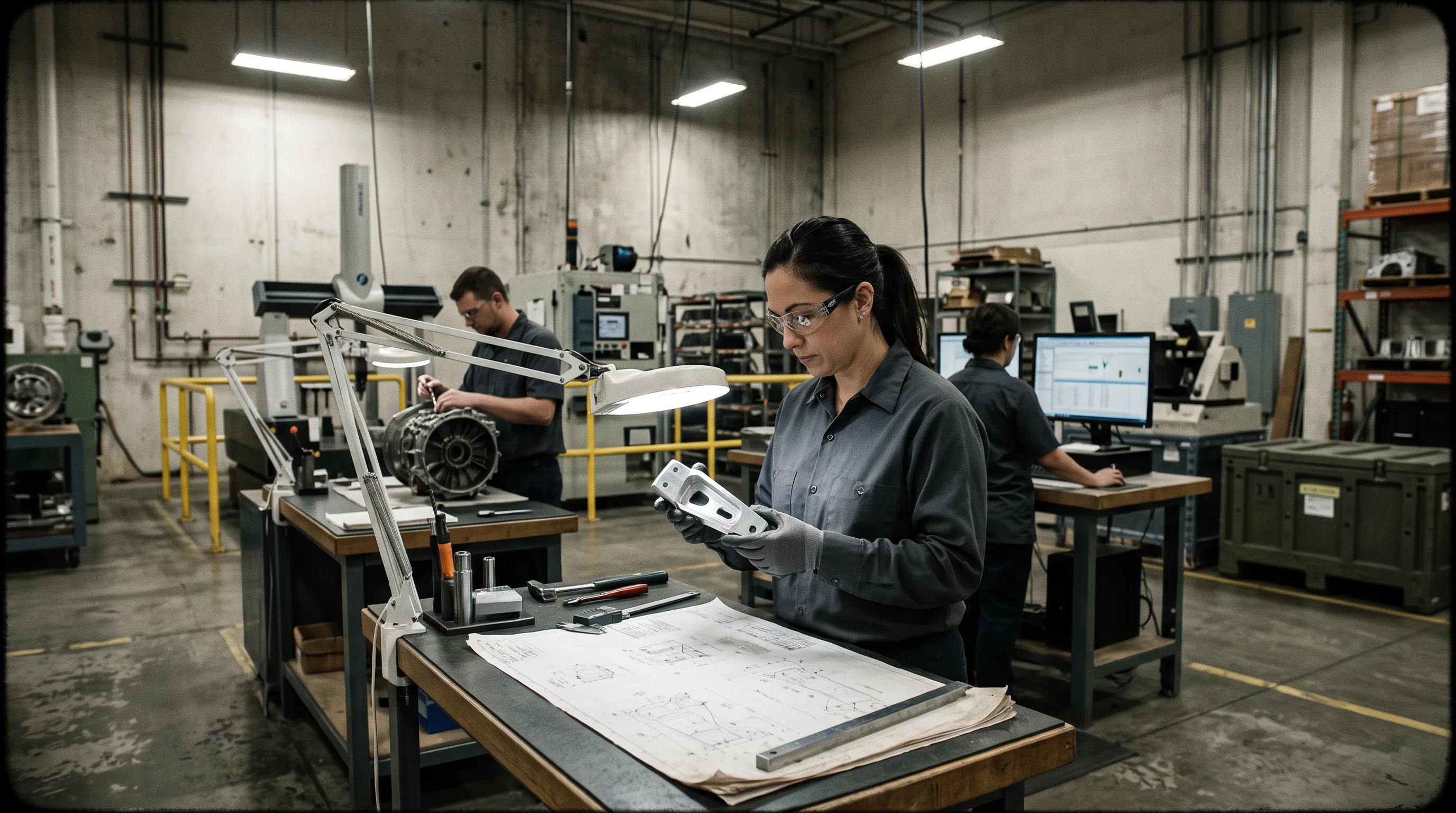 Quality engineer comparing an aluminum bracket against a reference drawing at an inspection bench