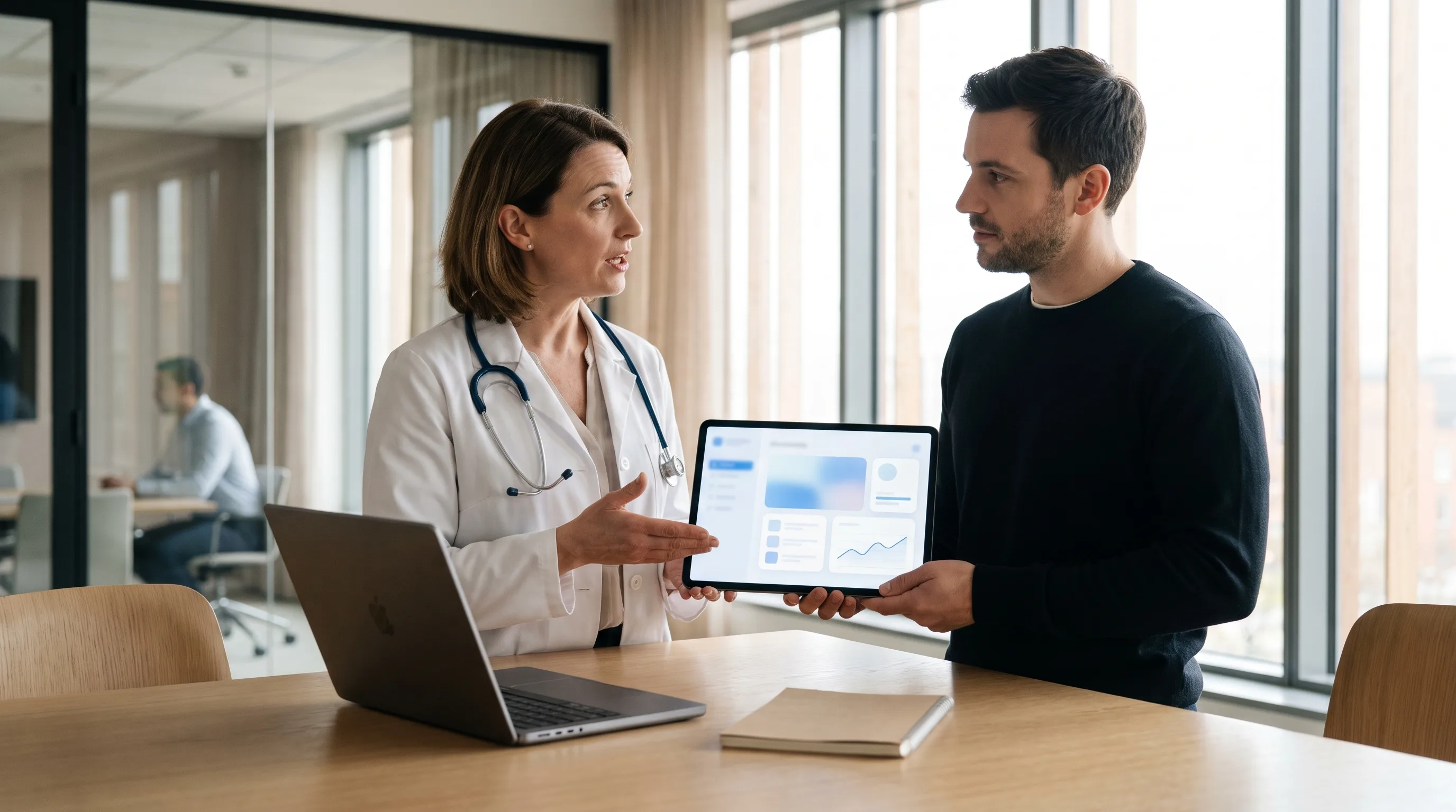 Physician and engineer from an AI healthcare app development company reviewing a clinical app prototype on a tablet in a hospital innovation office