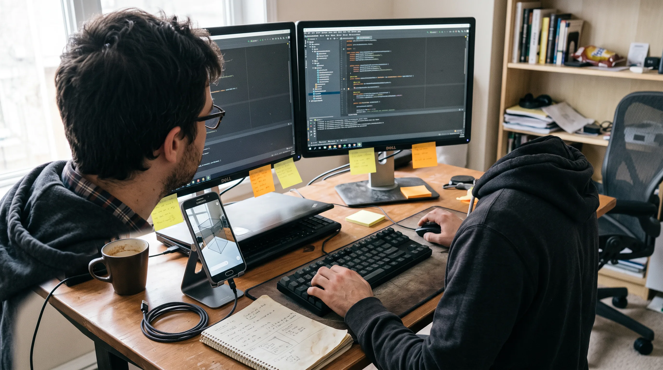 Android developer in Android Studio with an ARCore app running on a connected phone